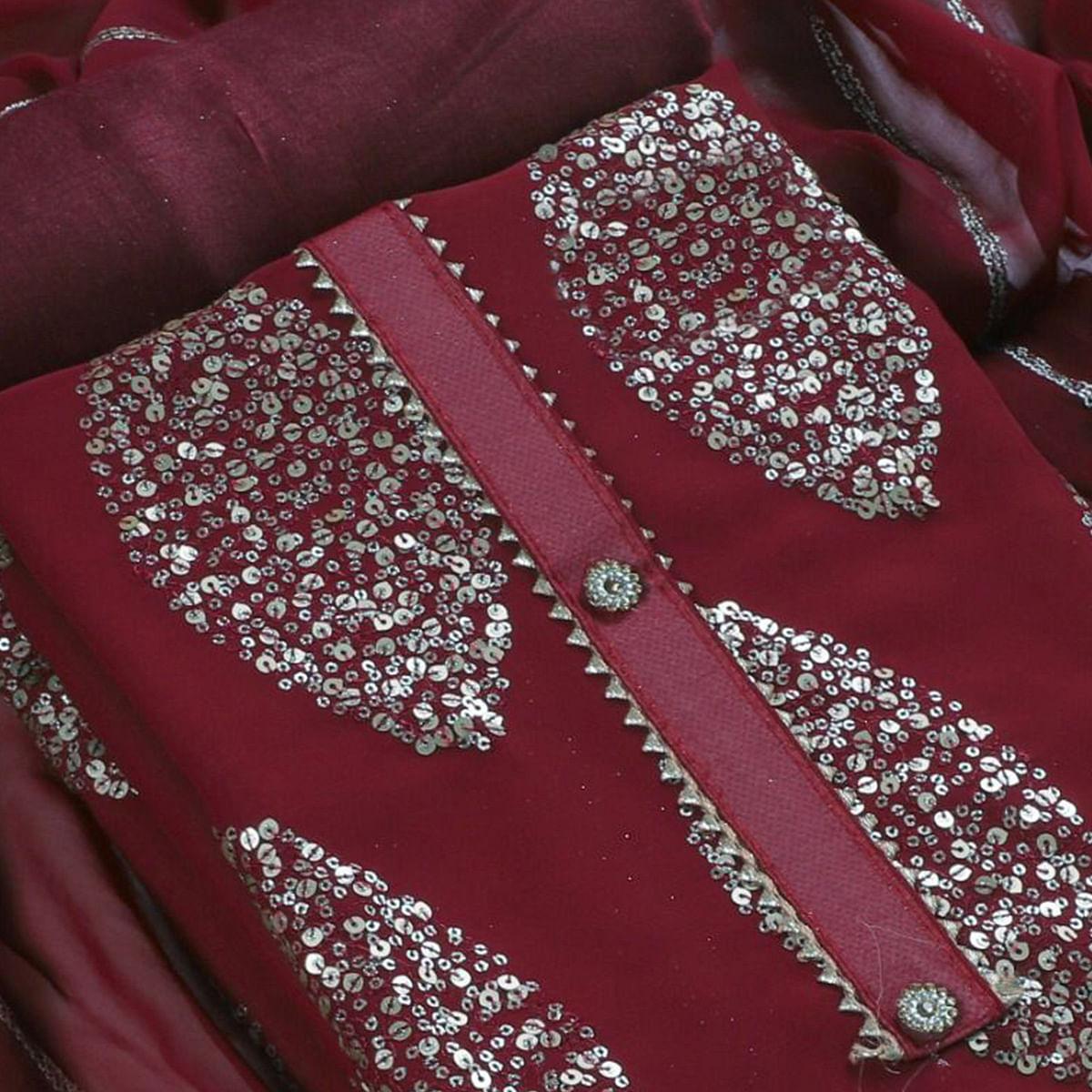 Maroon Sequence Embroidered Georgette Dress Material - Peachmode