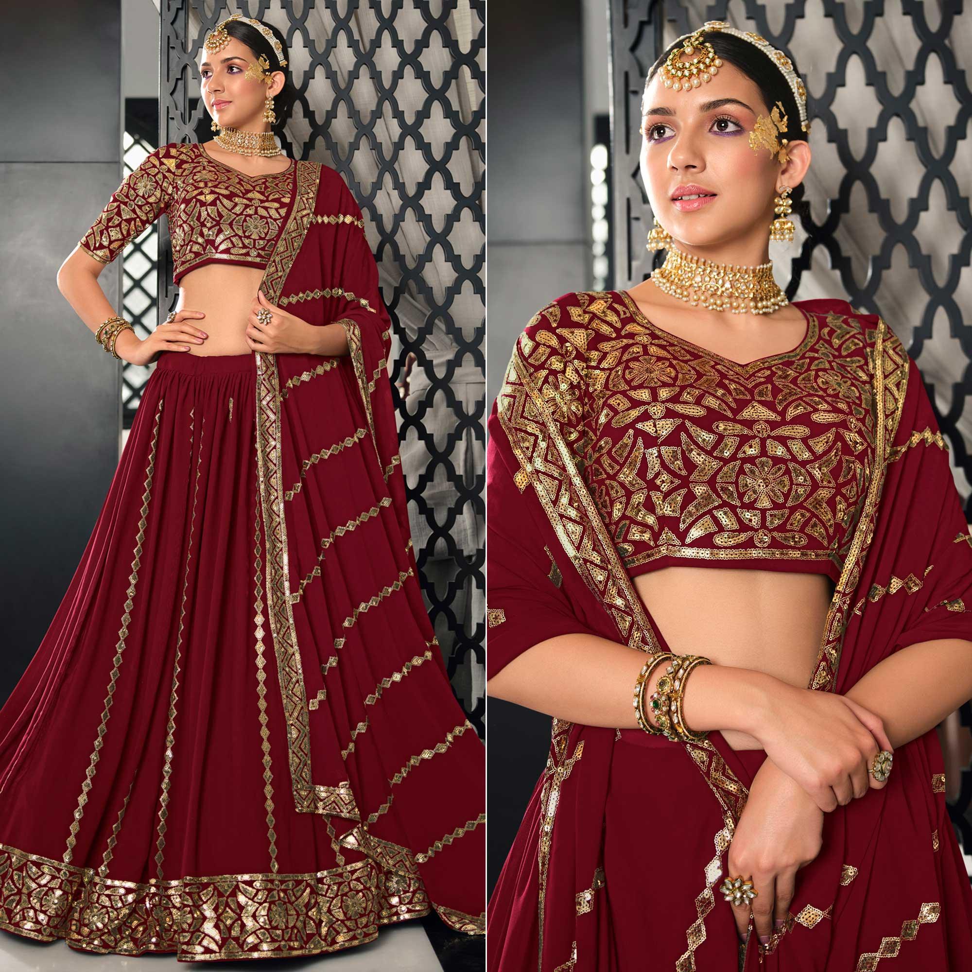 Maroon Sequence Embroidered Georgette Lehenga Choli - Peachmode