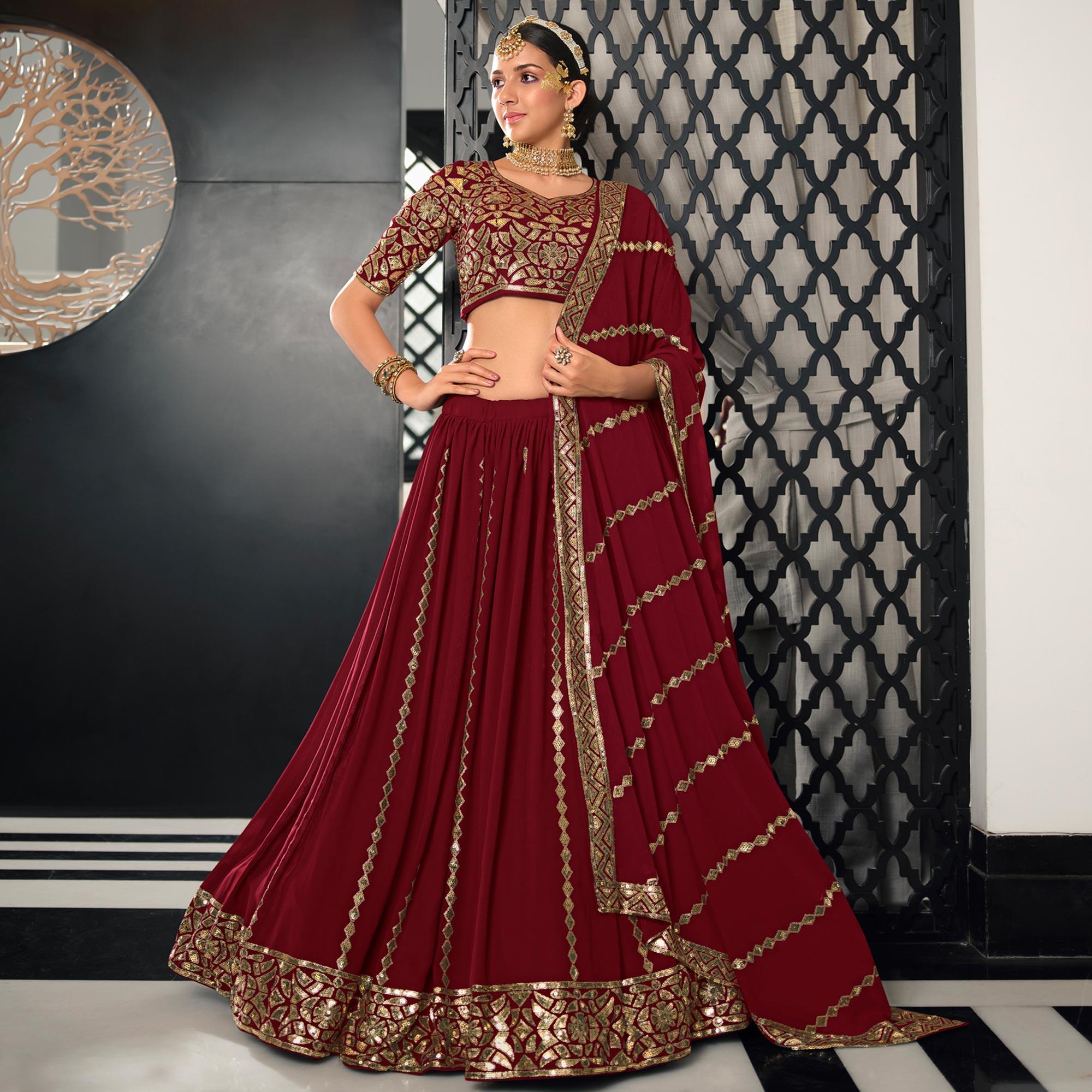 Maroon Sequence Embroidered Georgette Lehenga Choli - Peachmode