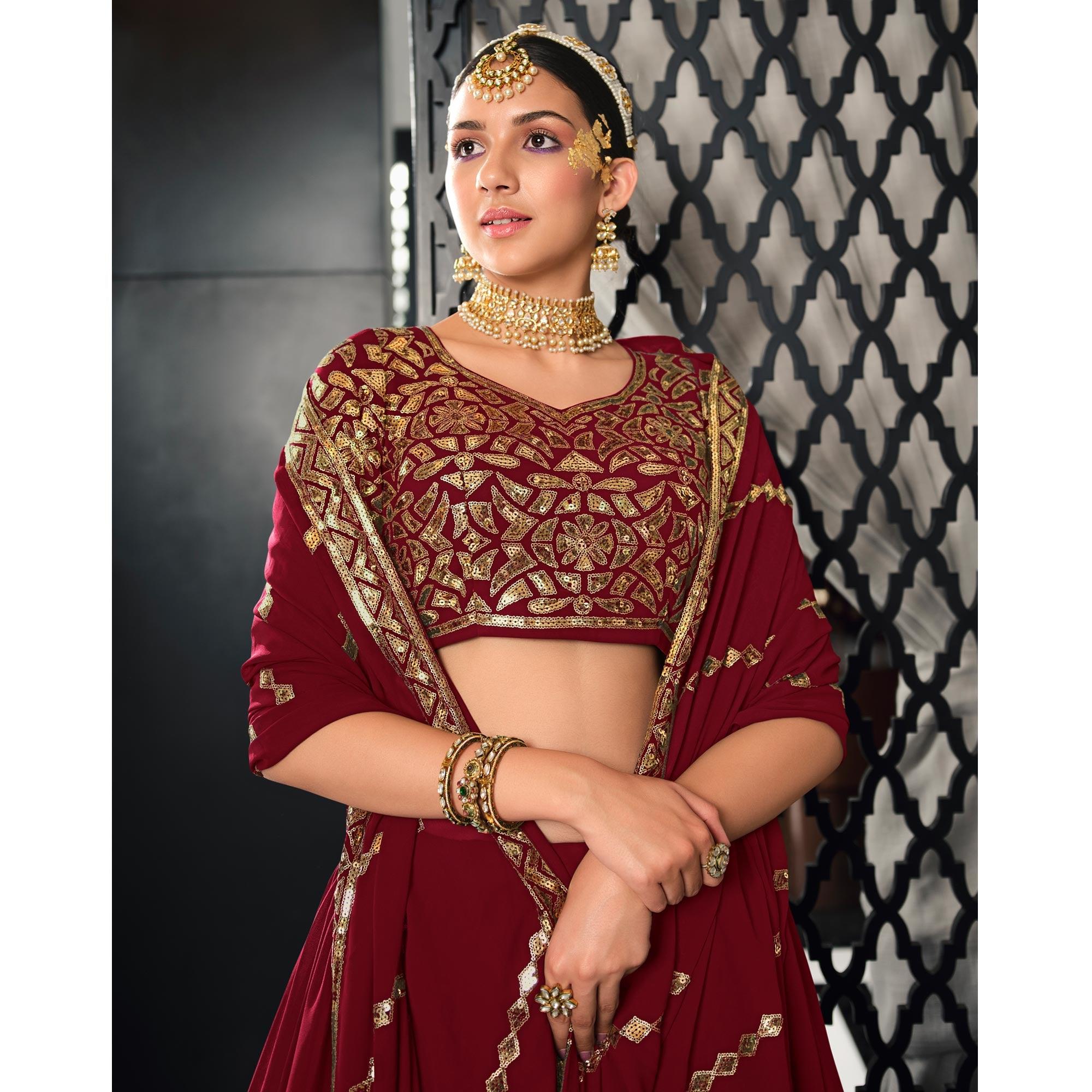 Maroon Sequence Embroidered Georgette Lehenga Choli - Peachmode