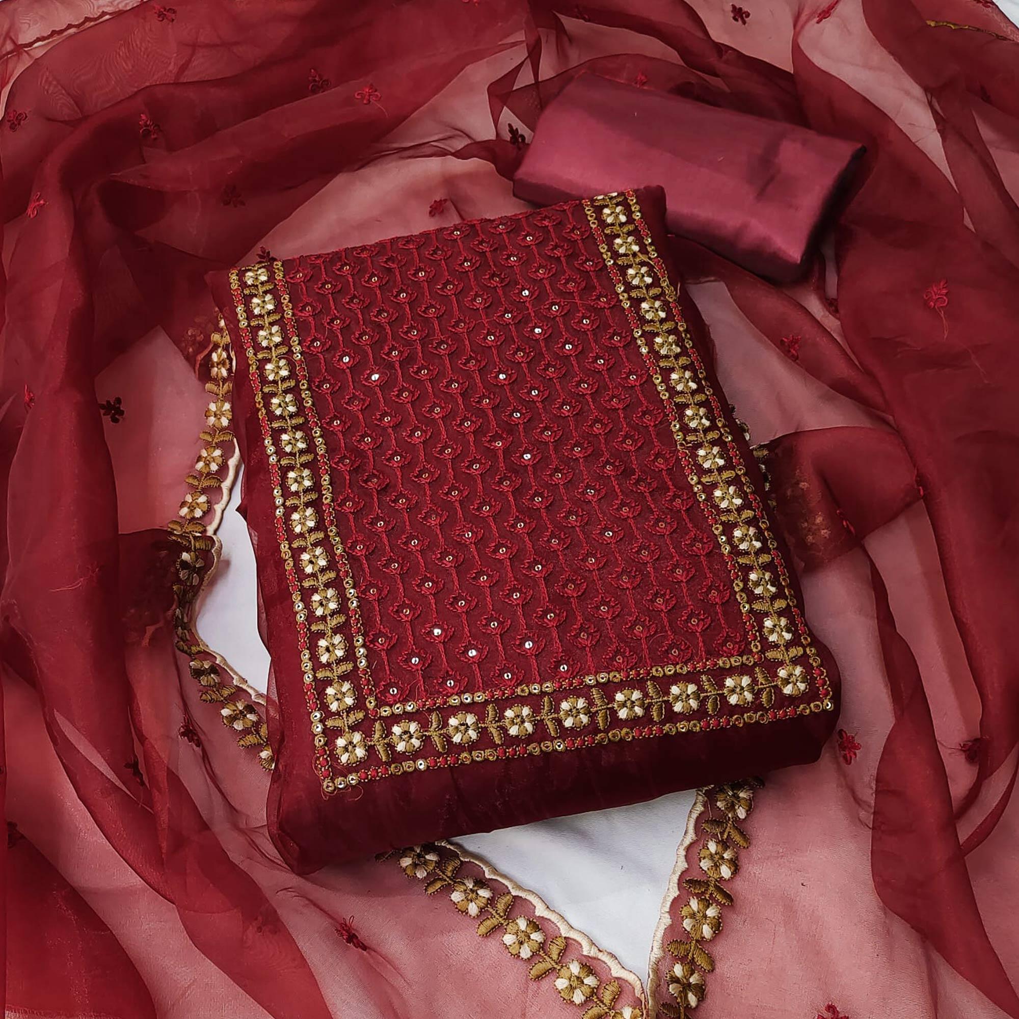 Maroon Sequence Embroidered Organza Dress Material - Peachmode