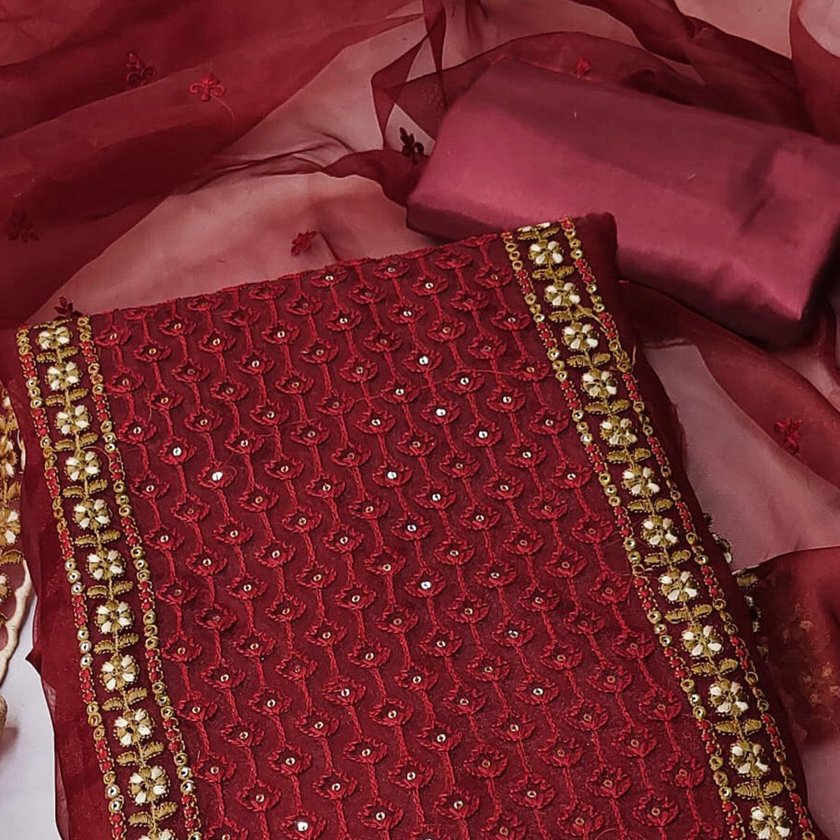 Maroon Sequence Embroidered Organza Dress Material - Peachmode
