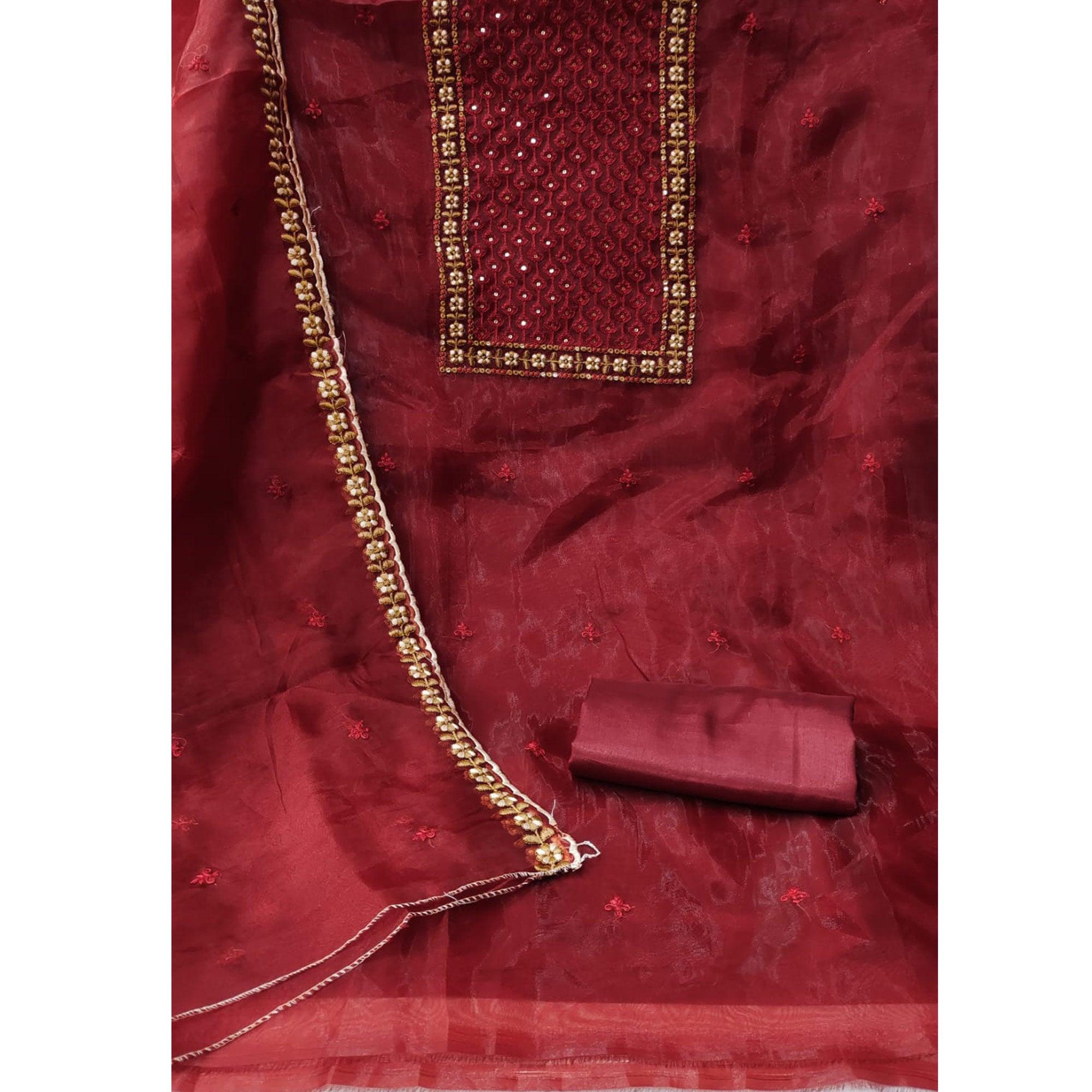 Maroon Sequence Embroidered Organza Dress Material - Peachmode