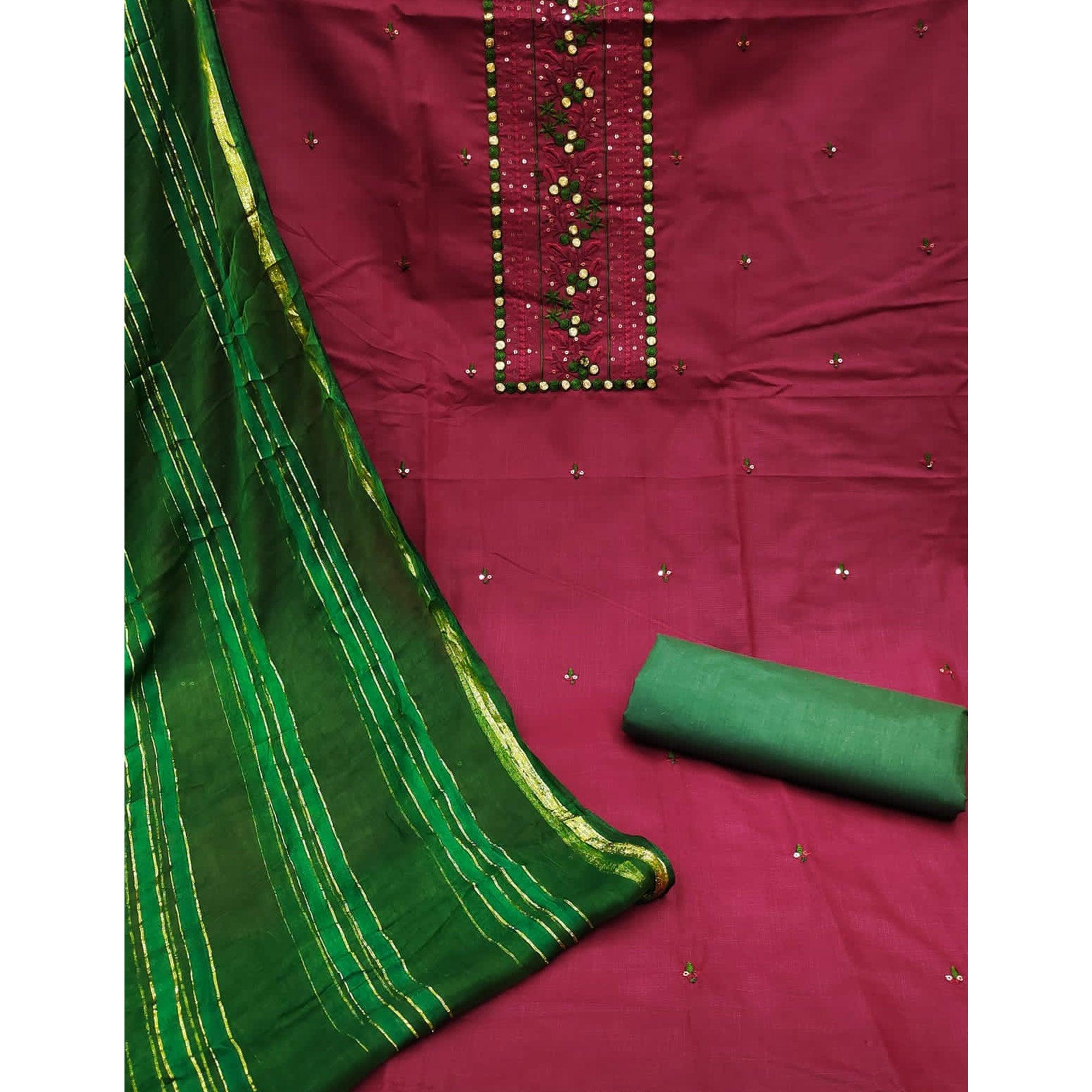 Maroon Sequence Embroidered Poly Cotton Dress Material - Peachmode