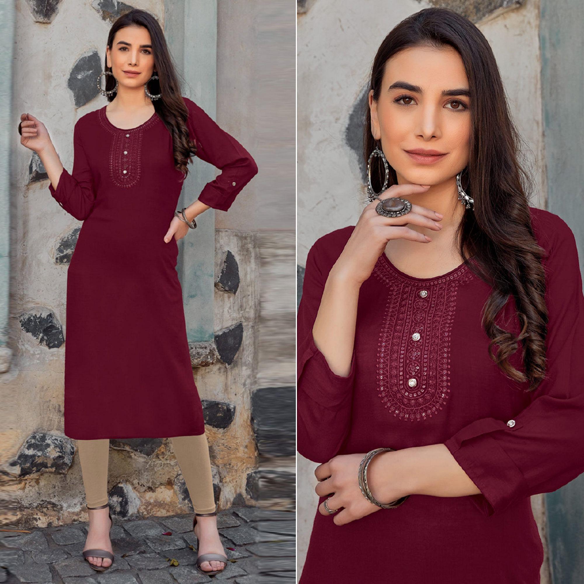 Maroon Sequence Embroidered Pure Cotton Kurti - Peachmode
