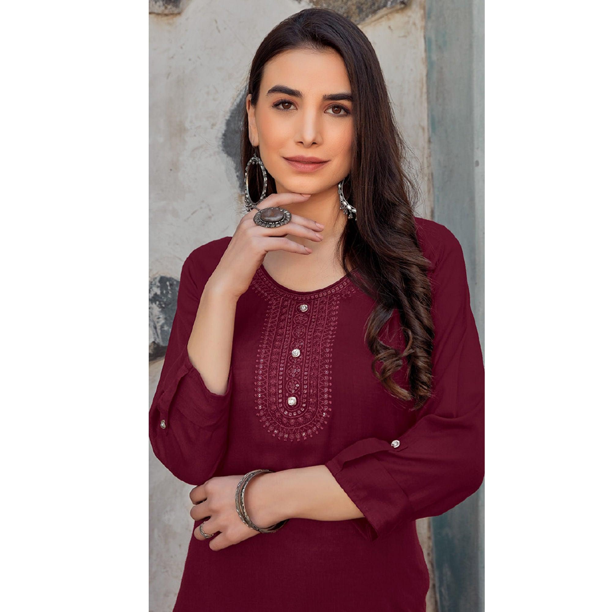 Maroon Sequence Embroidered Pure Cotton Kurti - Peachmode