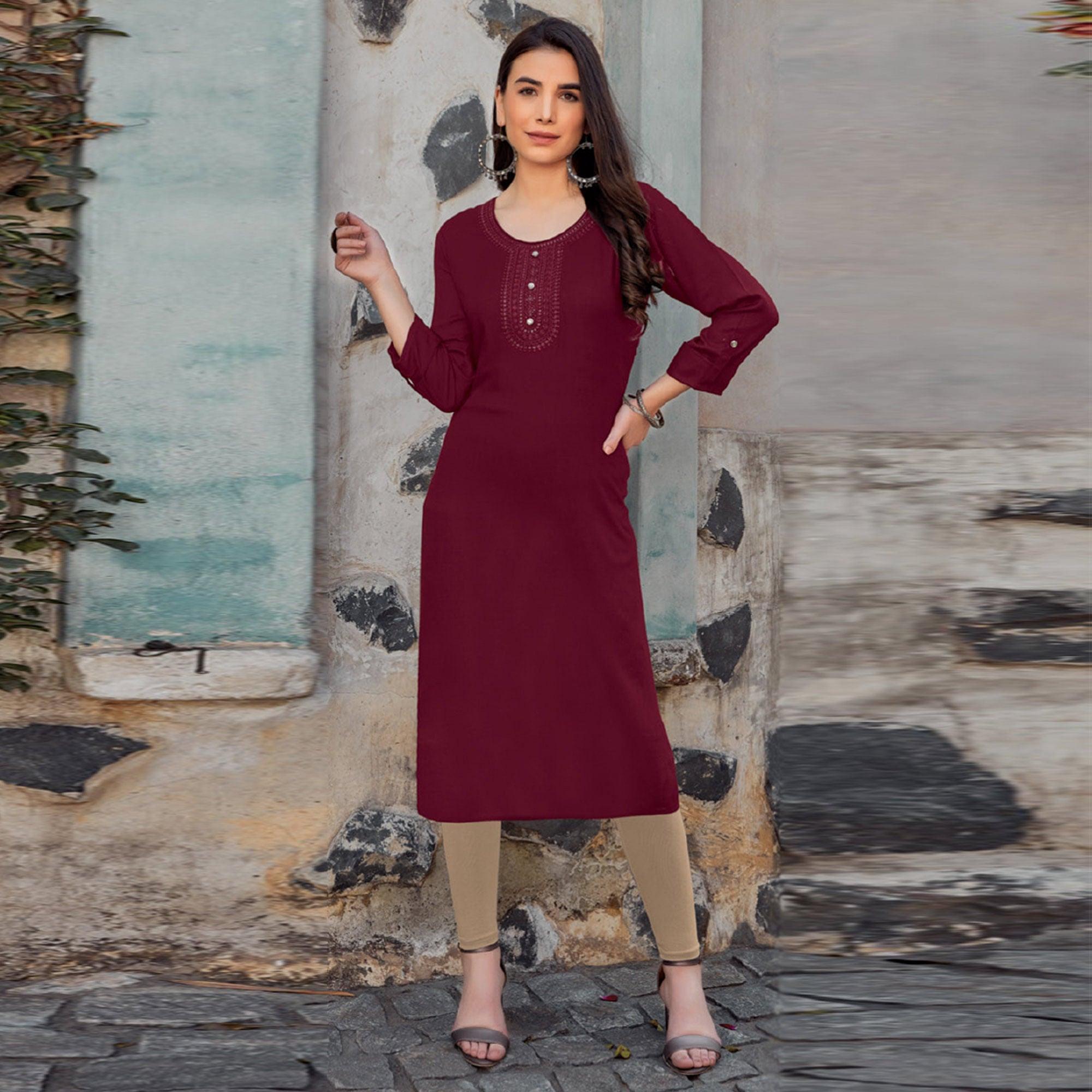 Maroon Sequence Embroidered Pure Cotton Kurti - Peachmode