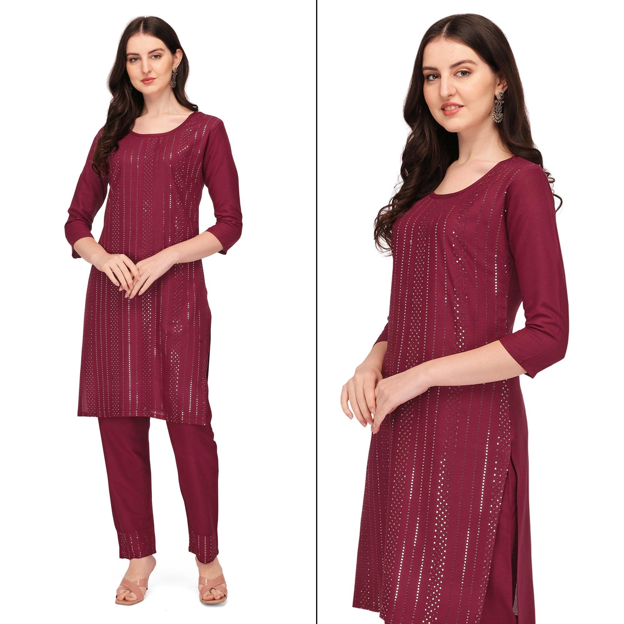 Maroon Sequence Embroidered Rayon Kurti Pant Set - Peachmode