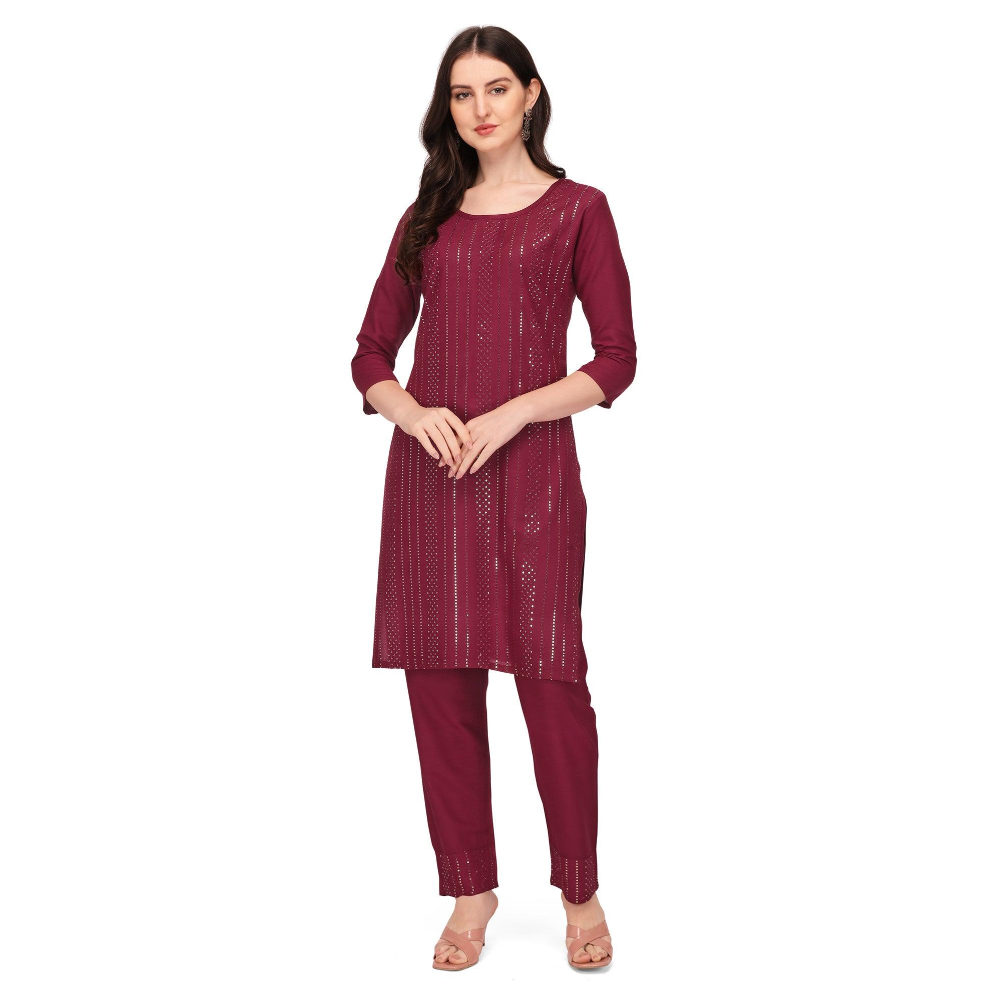 Maroon Sequence Embroidered Rayon Kurti Pant Set - Peachmode