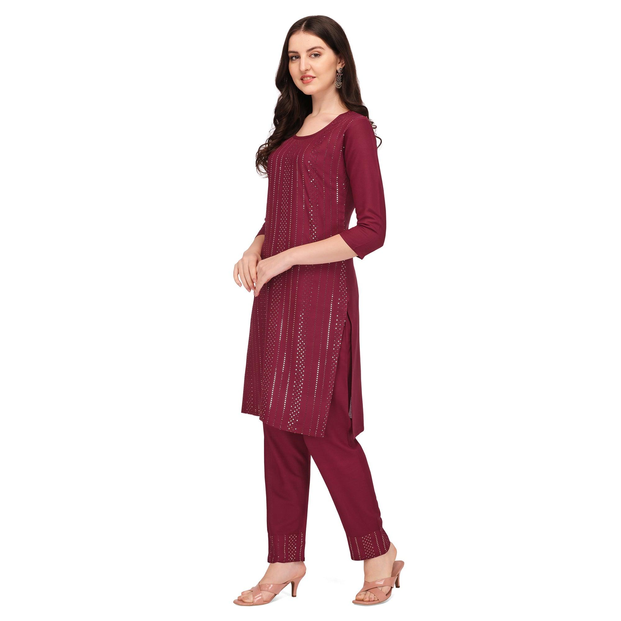 Maroon Sequence Embroidered Rayon Kurti Pant Set - Peachmode