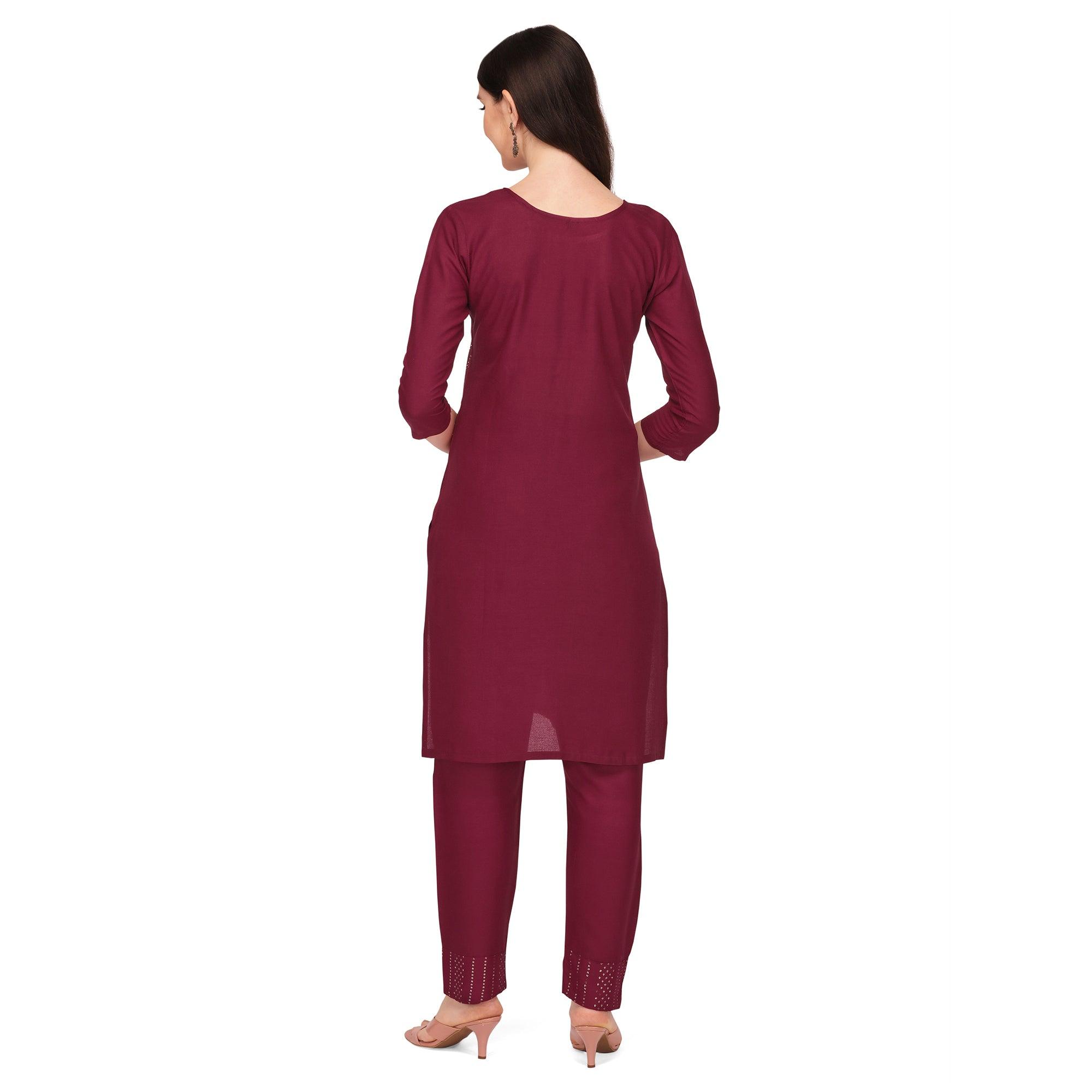 Maroon Sequence Embroidered Rayon Kurti Pant Set - Peachmode