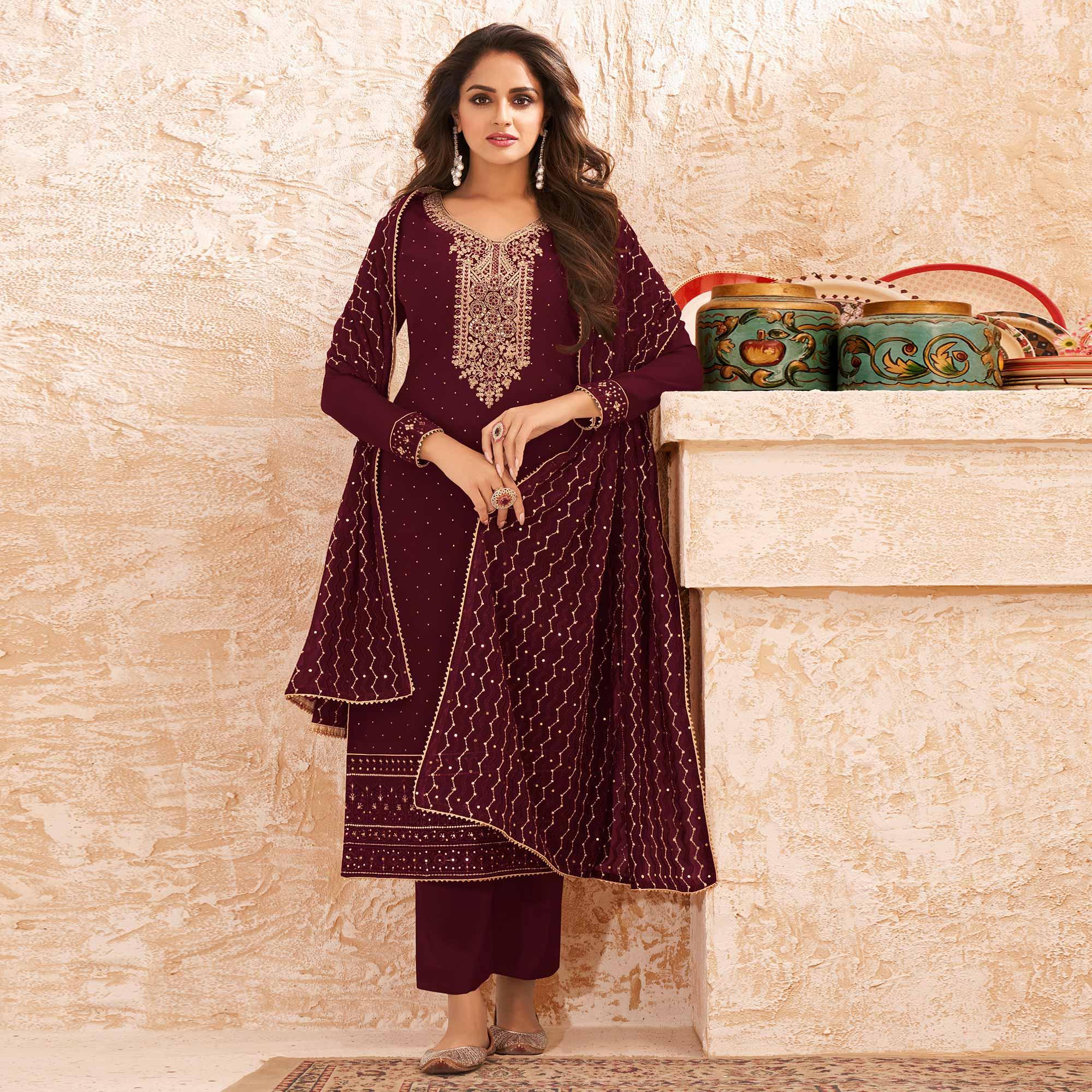 Maroon Sequence Embroidered Real Georgette Partywear Suit - Peachmode