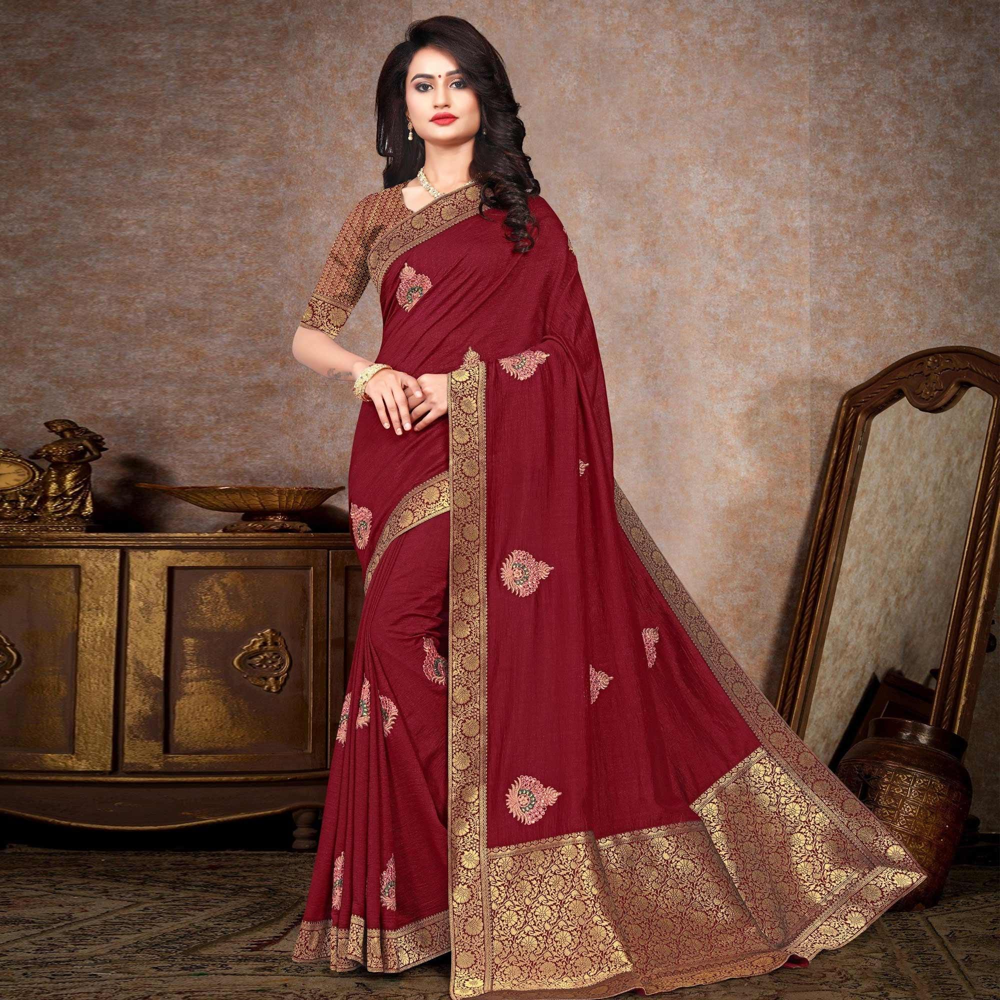 Maroon Sequence Embroidered Vichitra Silk Saree - Peachmode