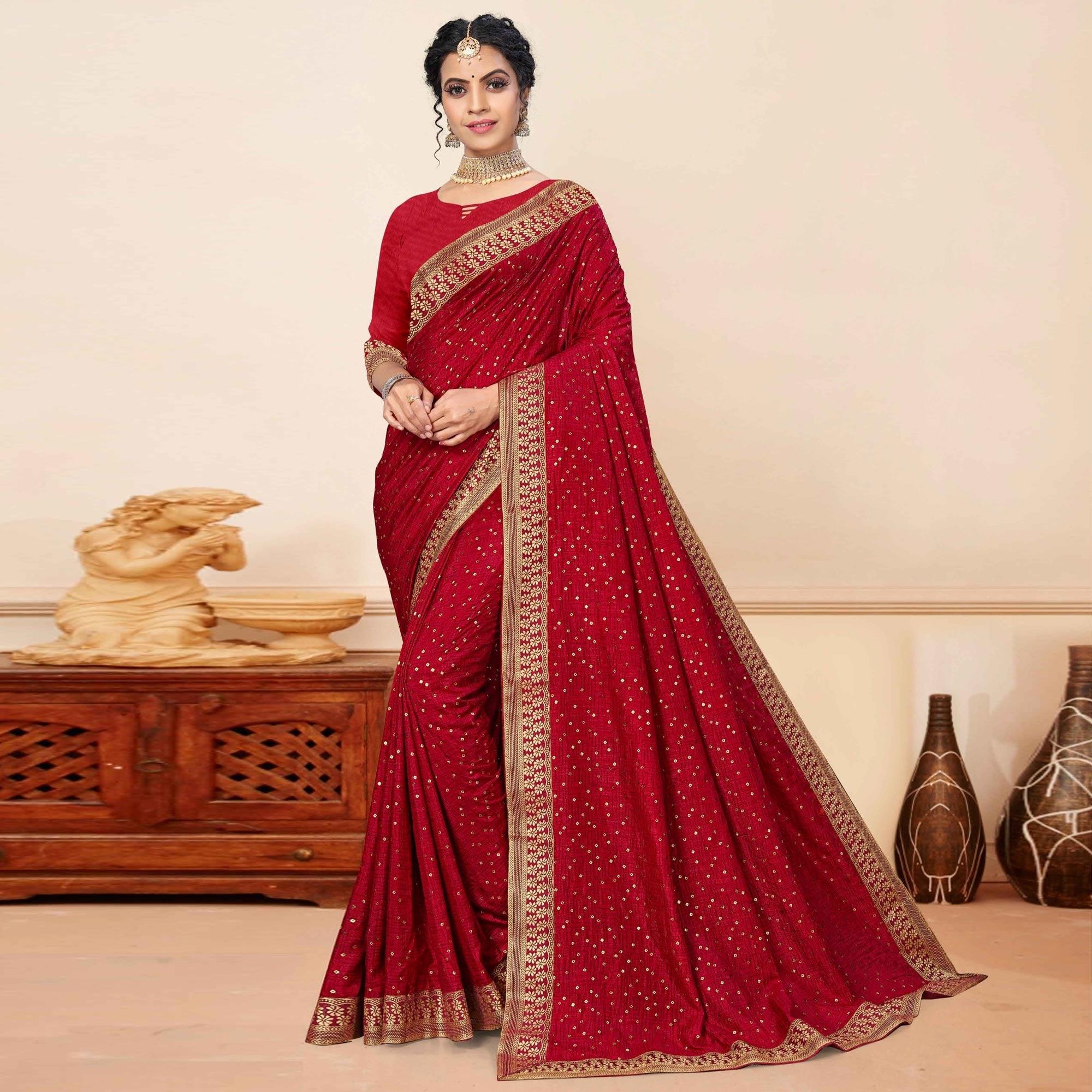 Maroon Sequence Embroidered Vichitra Silk Saree - Peachmode