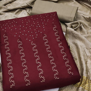 Maroon Sequence Floral Embroidered Pure Cotton Dress Material - Peachmode