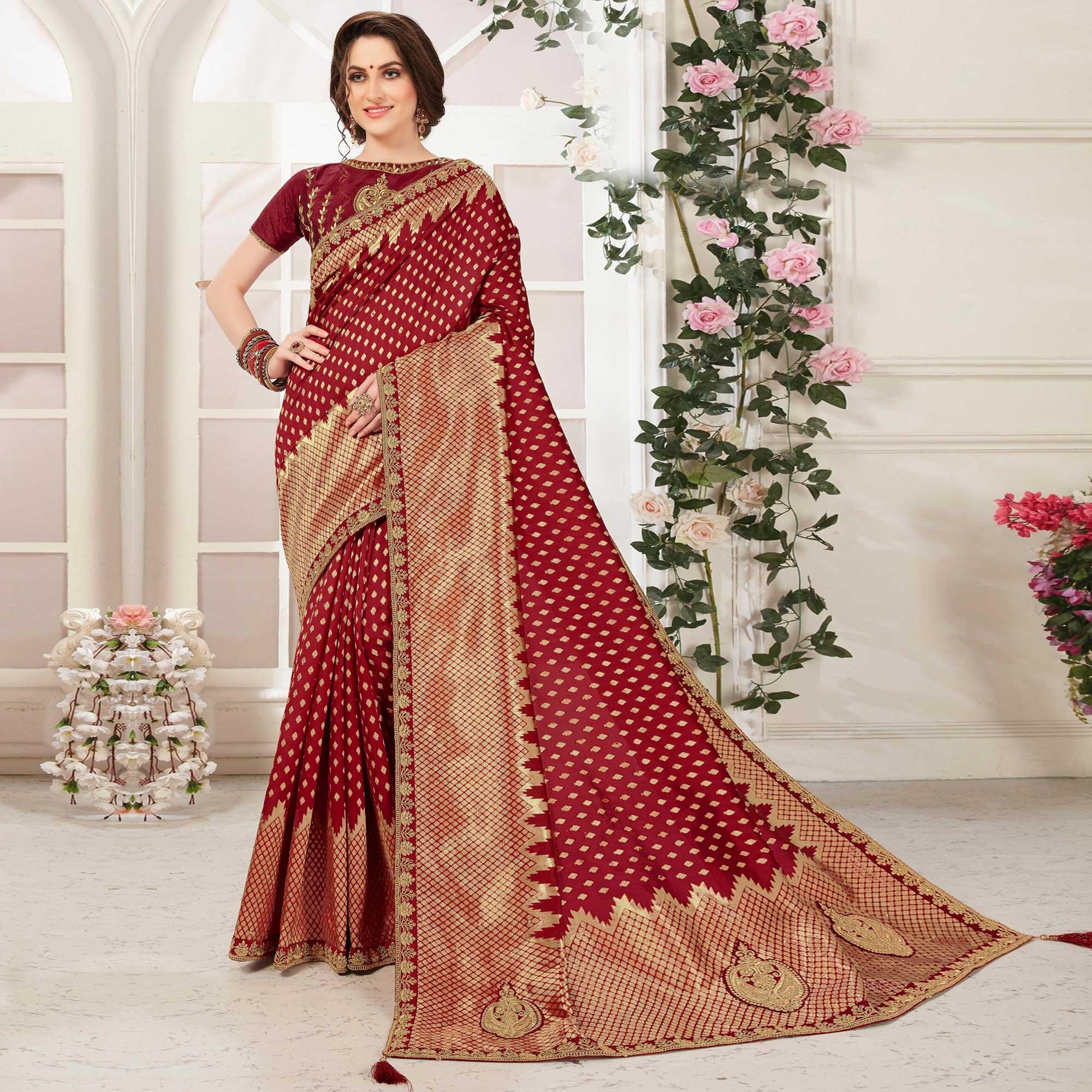 Maroon Sequence With Woven Banarasi Silk Saree - Peachmode