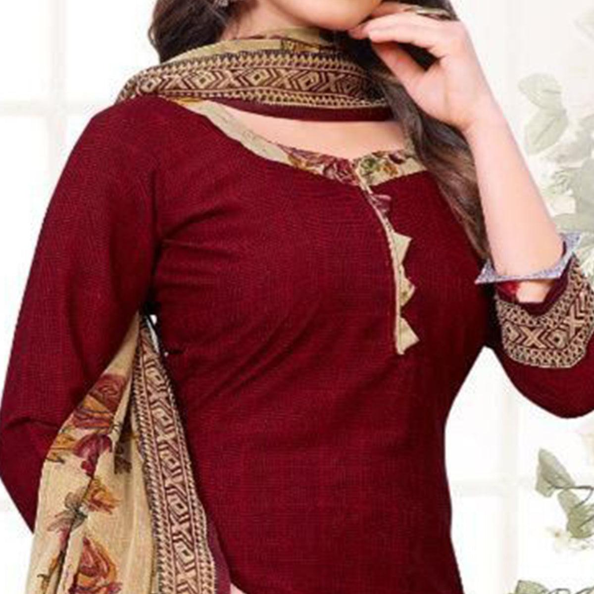 Maroon Solid Crepe Patiala Dress Material - Peachmode