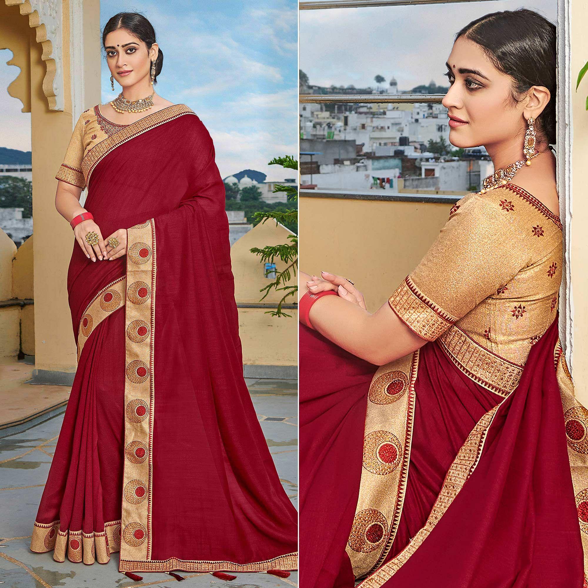 Maroon Solid-Embroidered Border Vichitra Silk Saree With Tassels - Peachmode