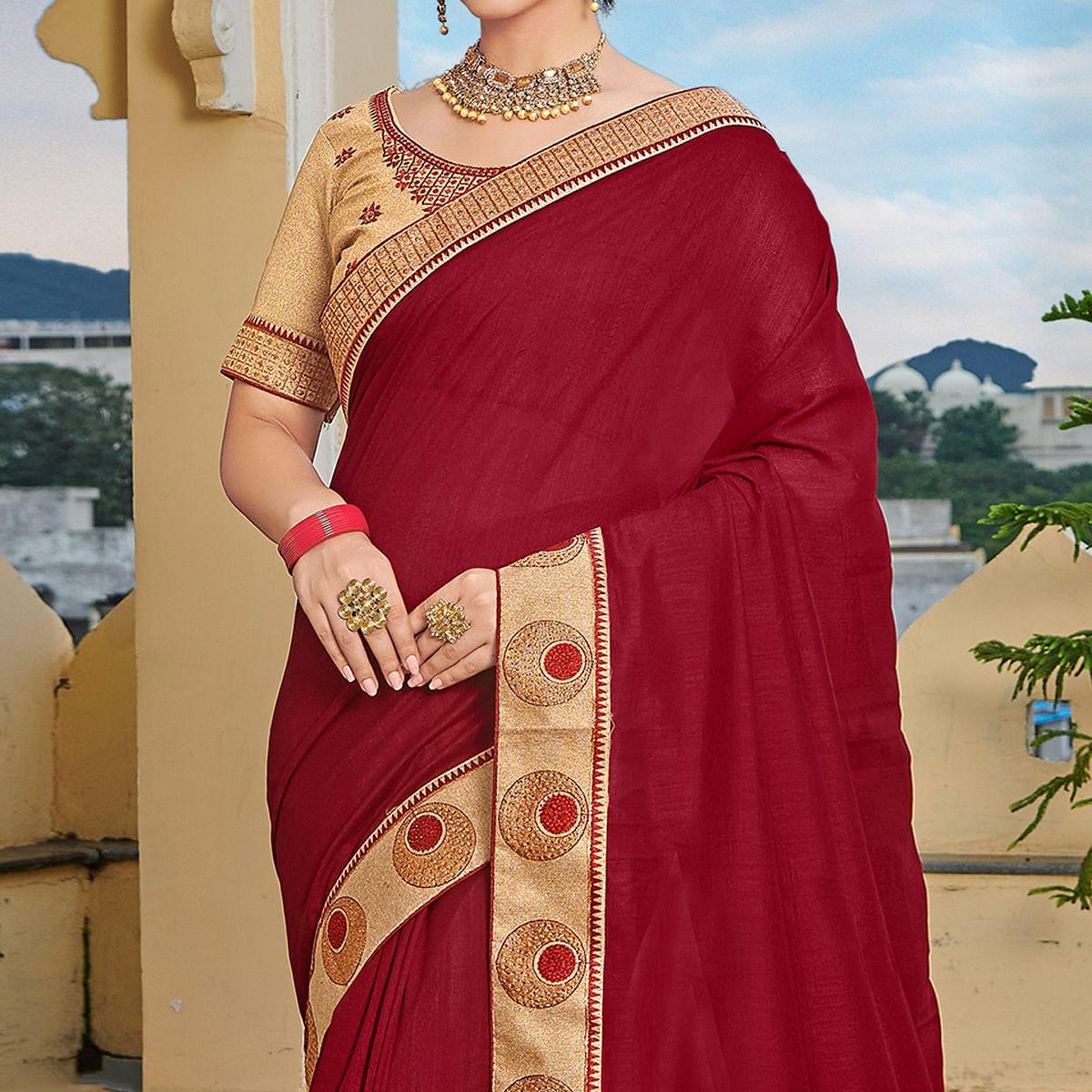 Maroon Solid-Embroidered Border Vichitra Silk Saree With Tassels - Peachmode