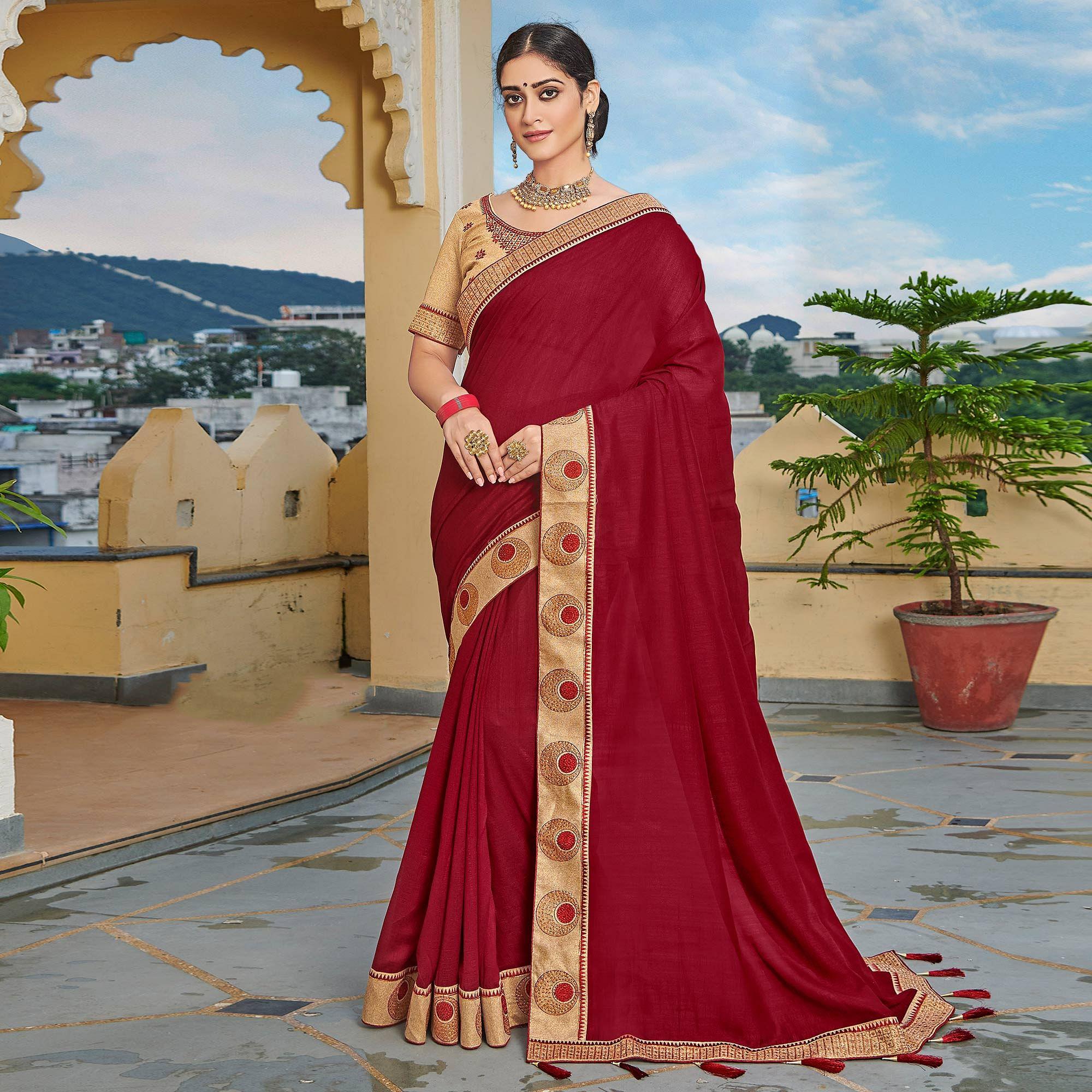 Maroon Solid-Embroidered Border Vichitra Silk Saree With Tassels - Peachmode