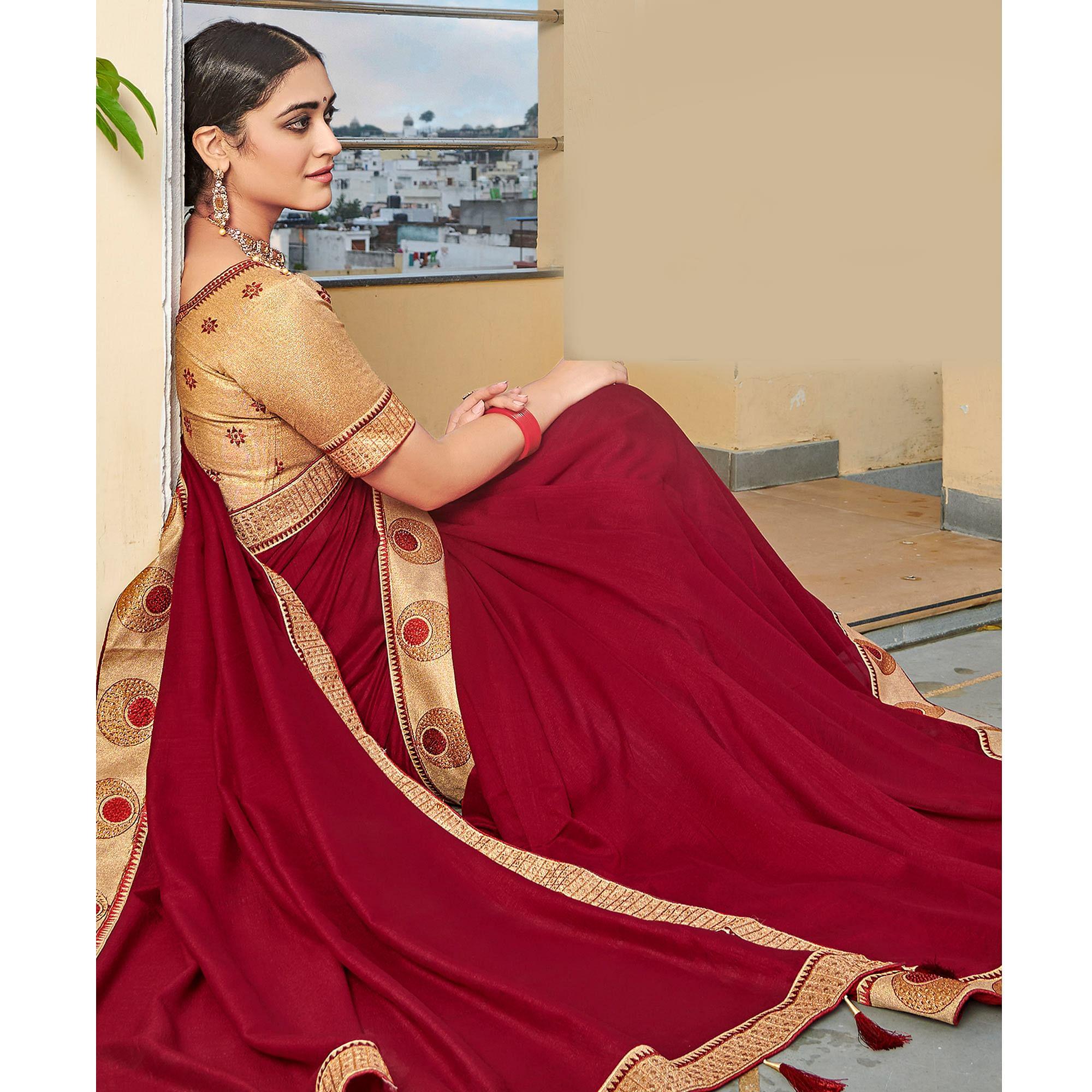 Maroon Solid-Embroidered Border Vichitra Silk Saree With Tassels - Peachmode