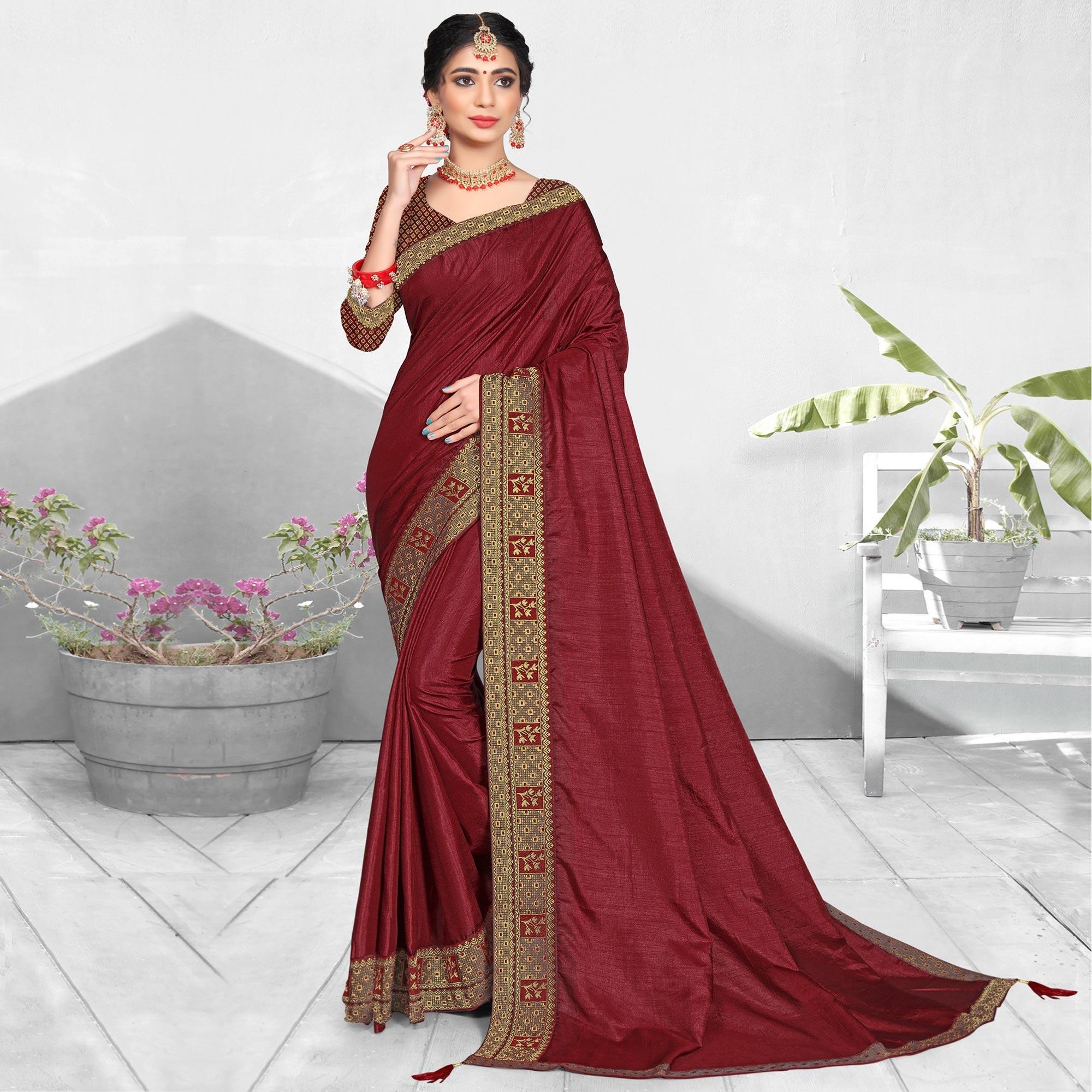 Maroon Solid Vichitra Silk Saree - Peachmode