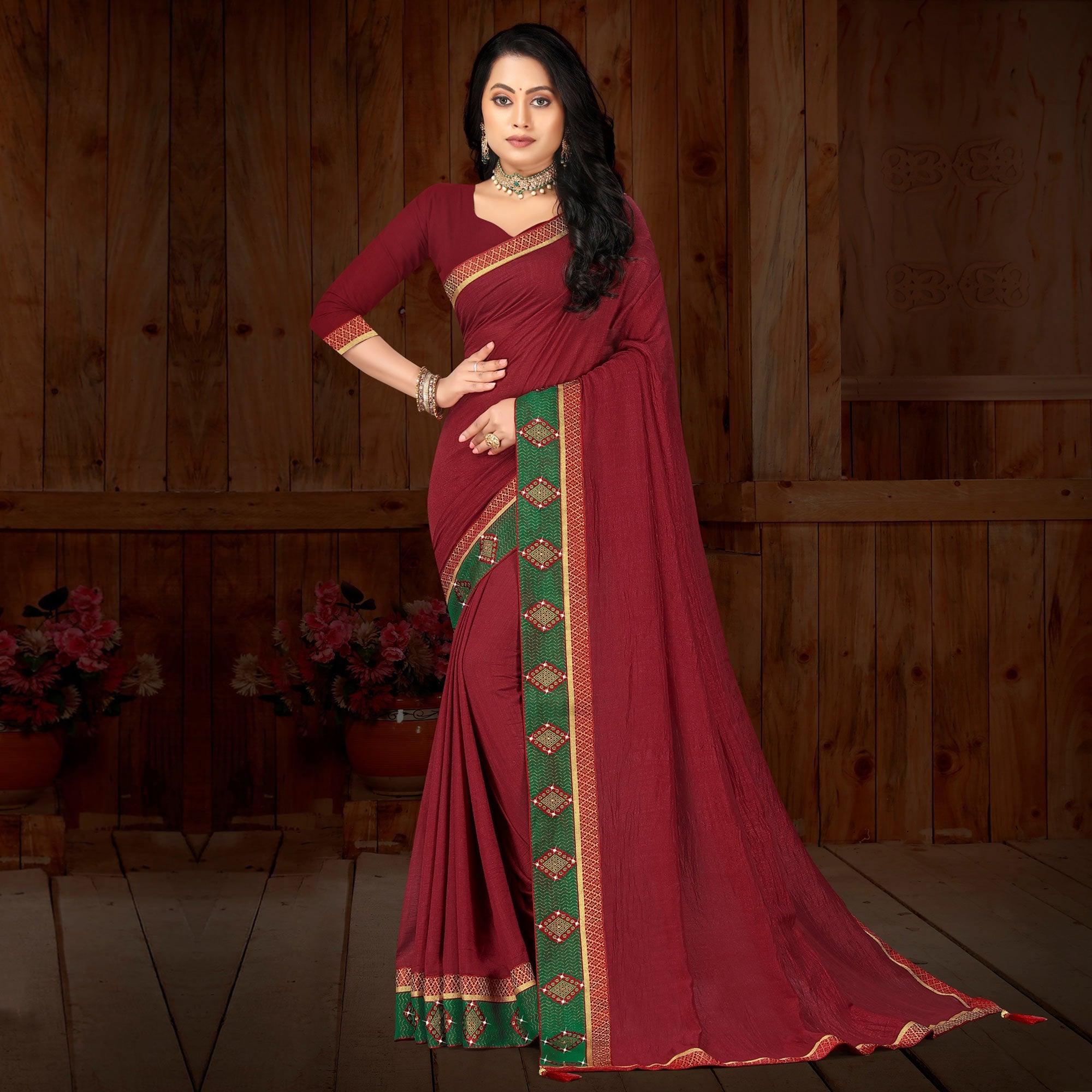 Maroon Solid Vichitra Silk Saree - Peachmode
