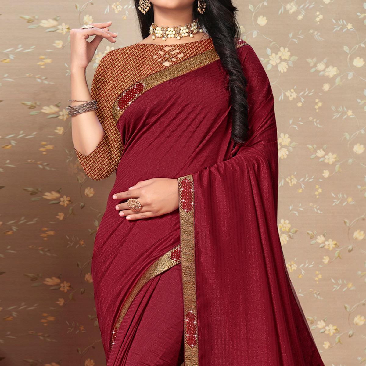 Maroon Solid Vichitra Silk Saree - Peachmode