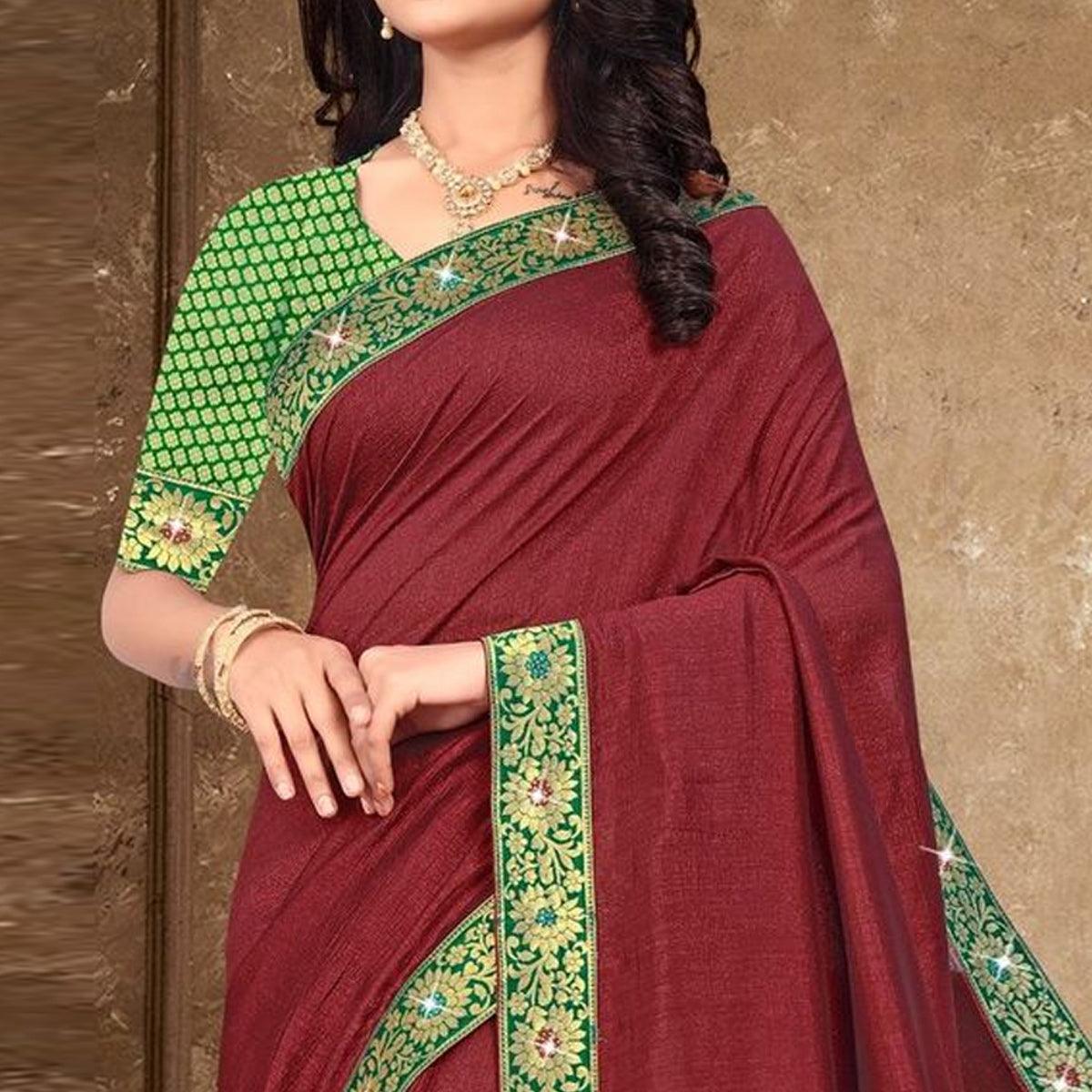 Maroon Solid Vichitra Silk Saree - Peachmode