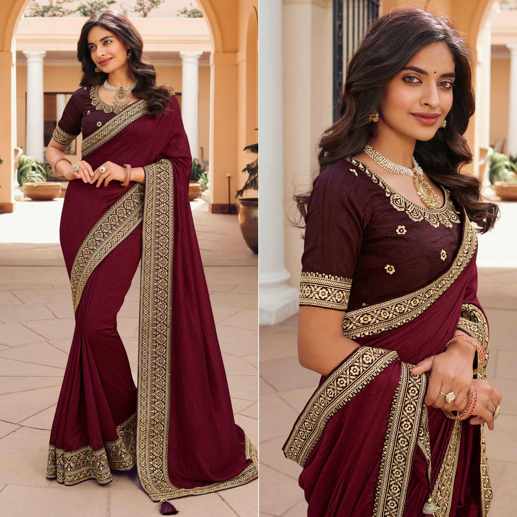 Maroon Solid Vichitra Silk Saree With Tassels - Peachmode