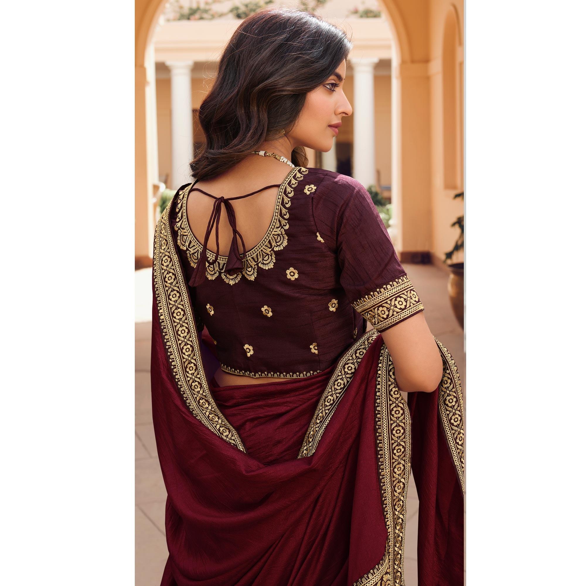 Maroon Solid Vichitra Silk Saree With Tassels - Peachmode