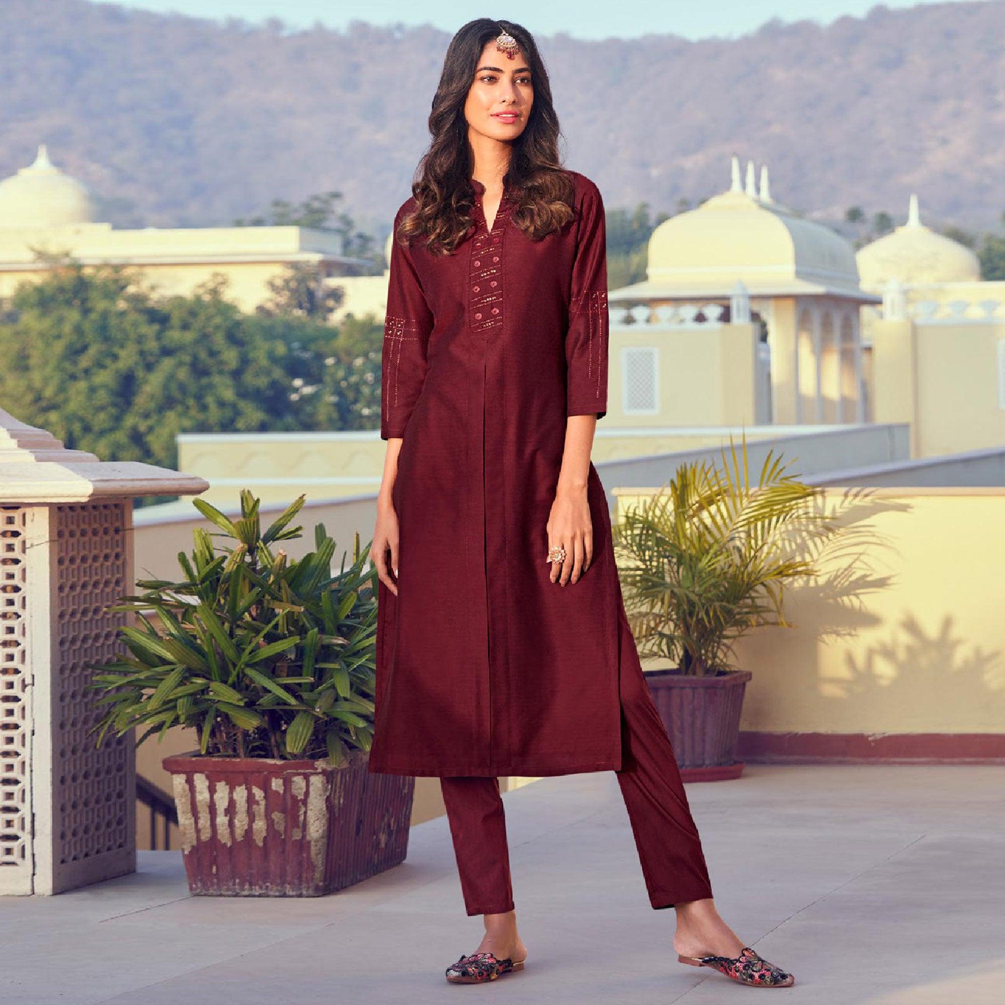 Maroon Solid Viscose Kurti Pant Set - Peachmode