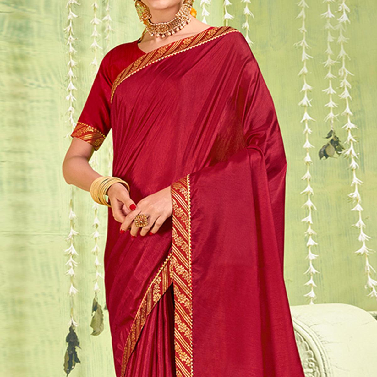 Maroon Solid With Fancy Border Vichitra Silk Saree - Peachmode