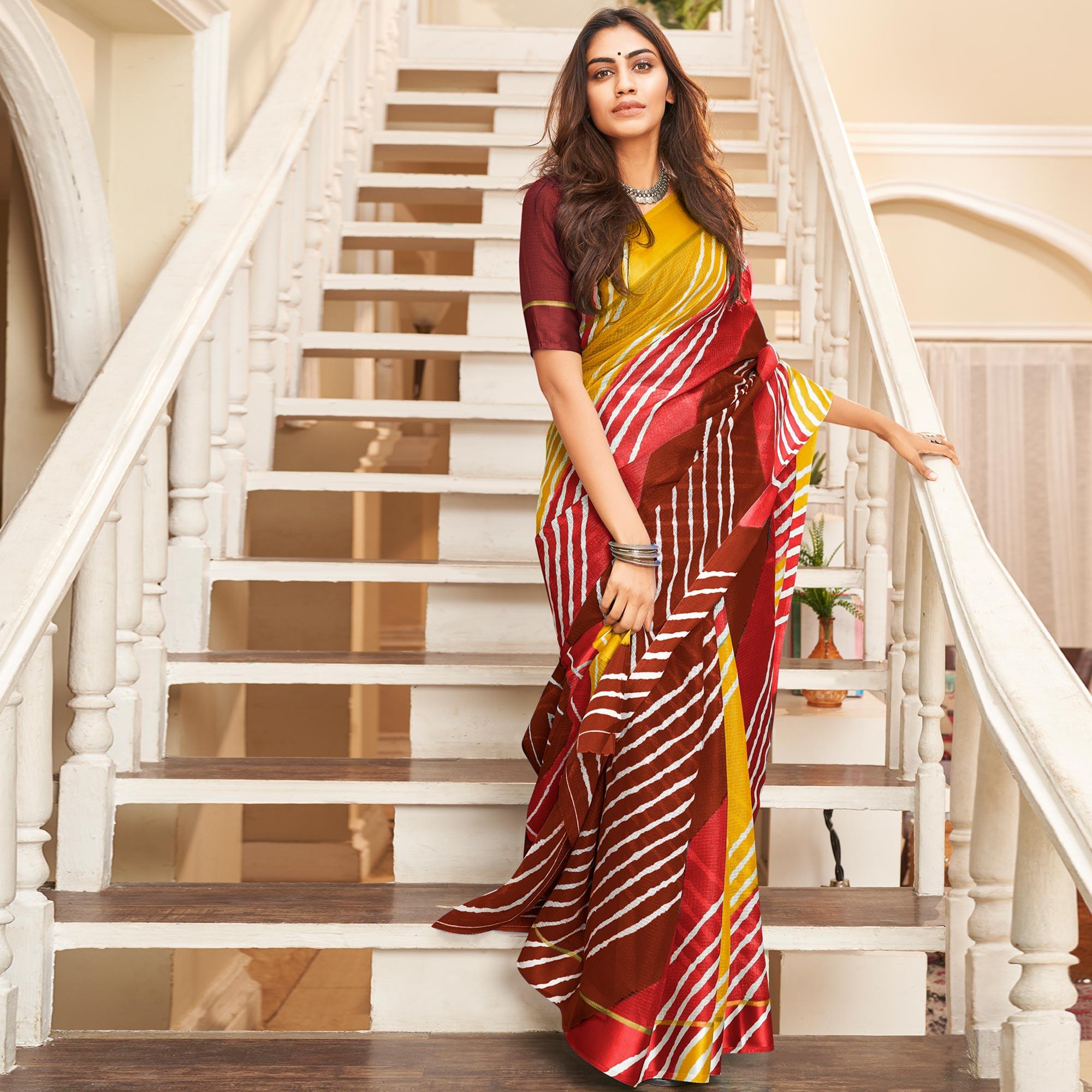 Maroon Striped Printed Art Silk Saree - Peachmode