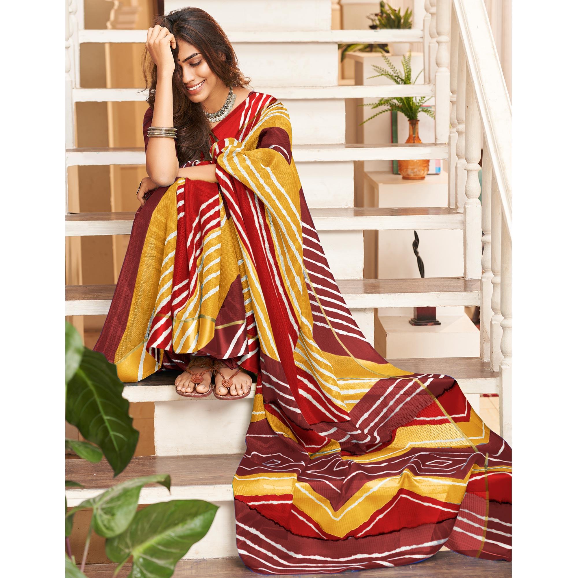 Maroon Striped Printed Art Silk Saree - Peachmode