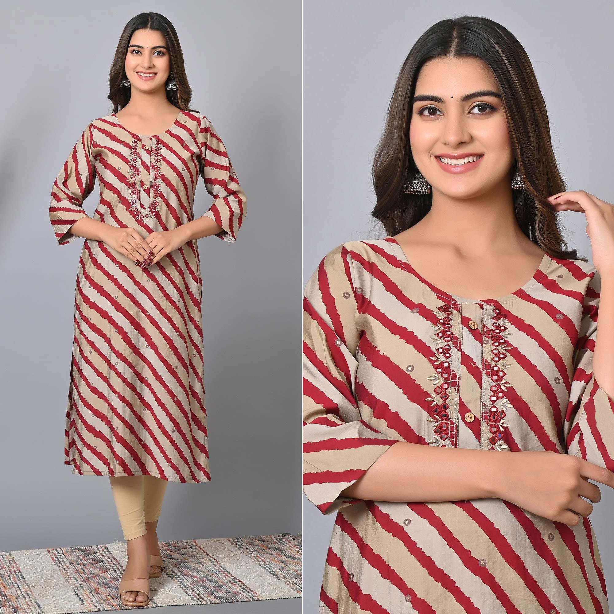 Maroon Striped Printed-Embroidered Muslin Kurti - Peachmode
