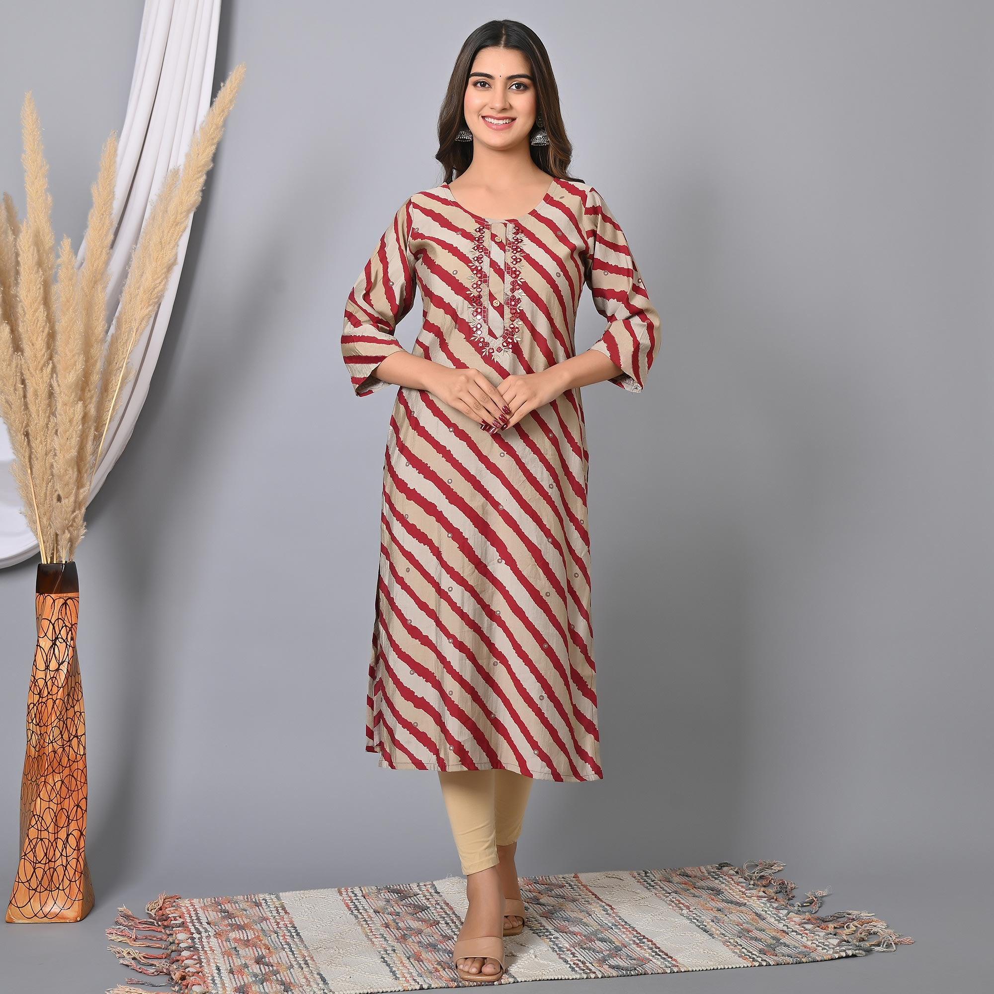 Maroon Striped Printed-Embroidered Muslin Kurti - Peachmode