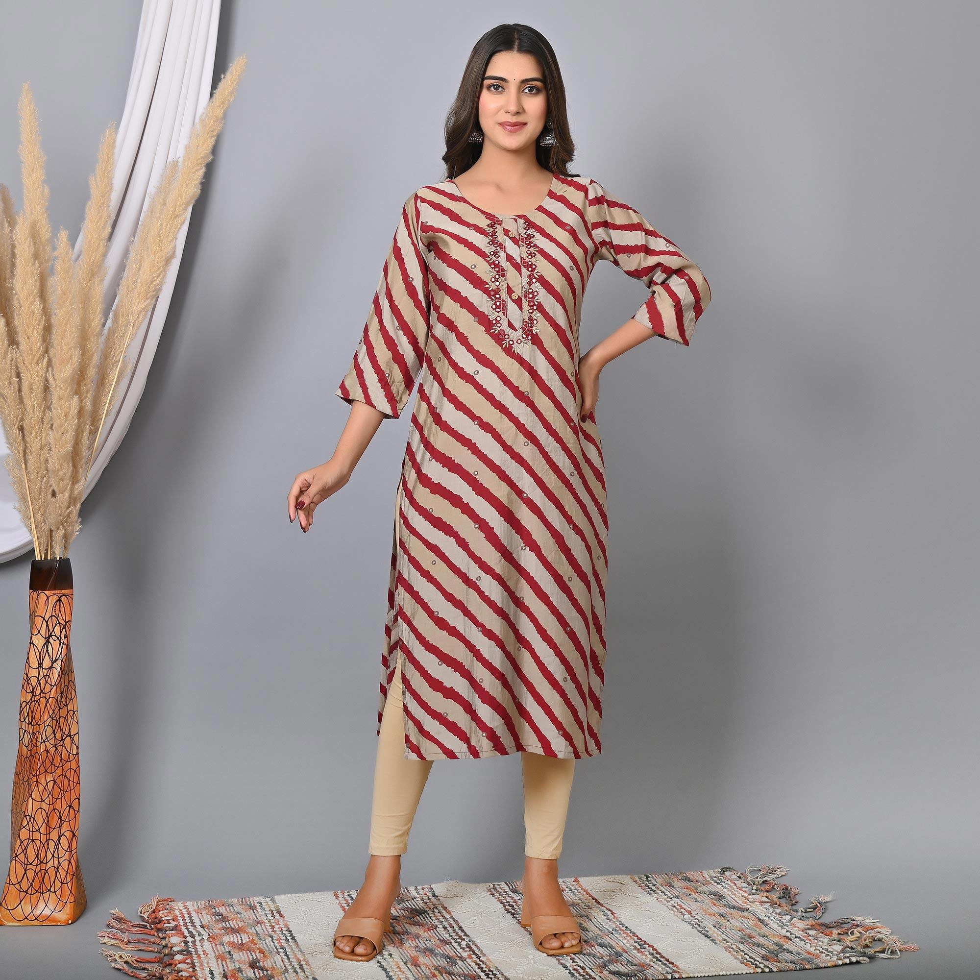 Maroon Striped Printed-Embroidered Muslin Kurti - Peachmode