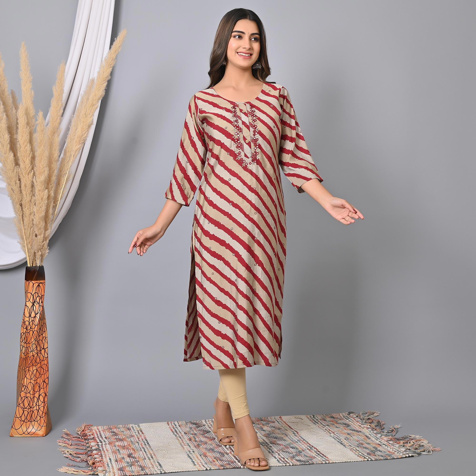 Maroon Striped Printed-Embroidered Muslin Kurti - Peachmode