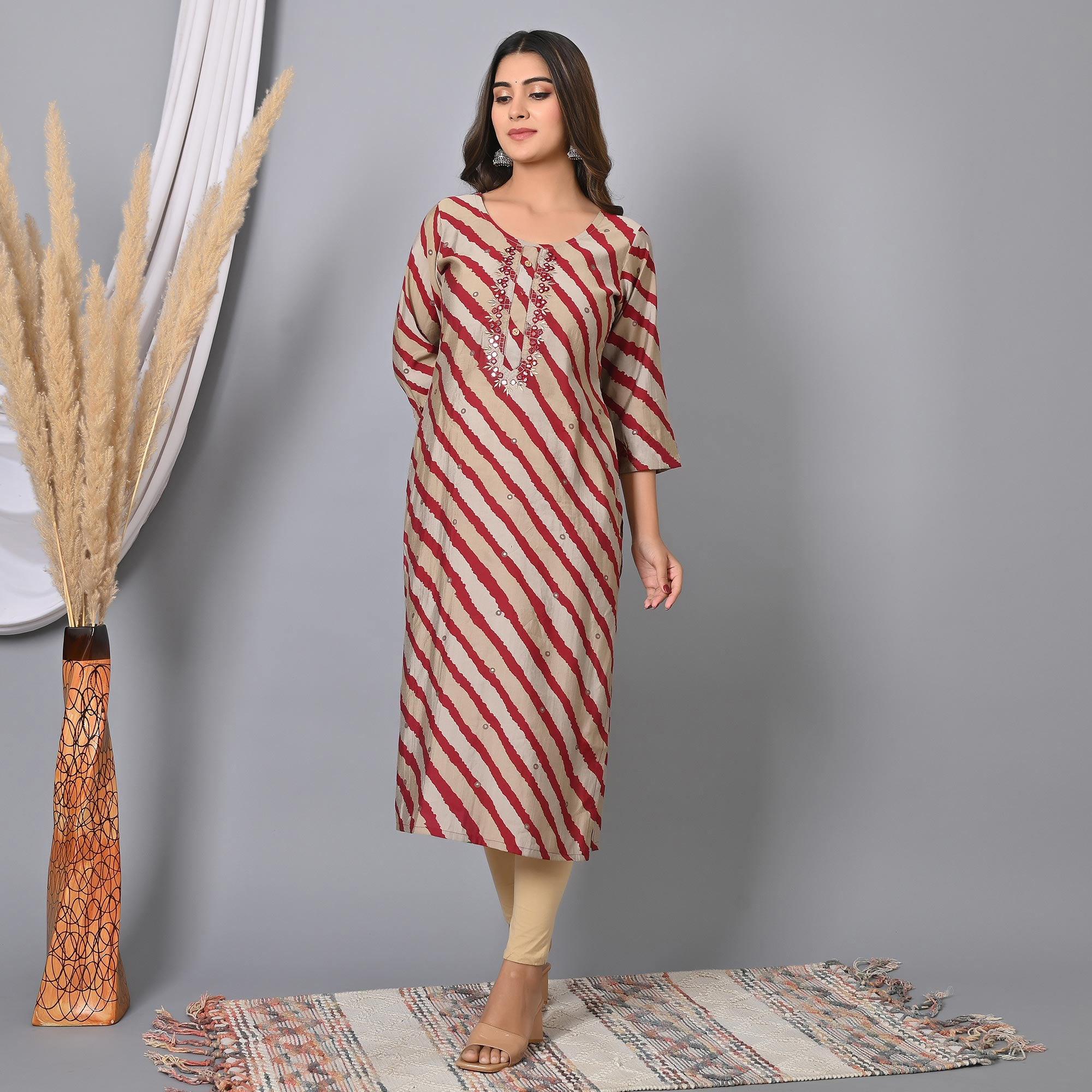 Maroon Striped Printed-Embroidered Muslin Kurti - Peachmode