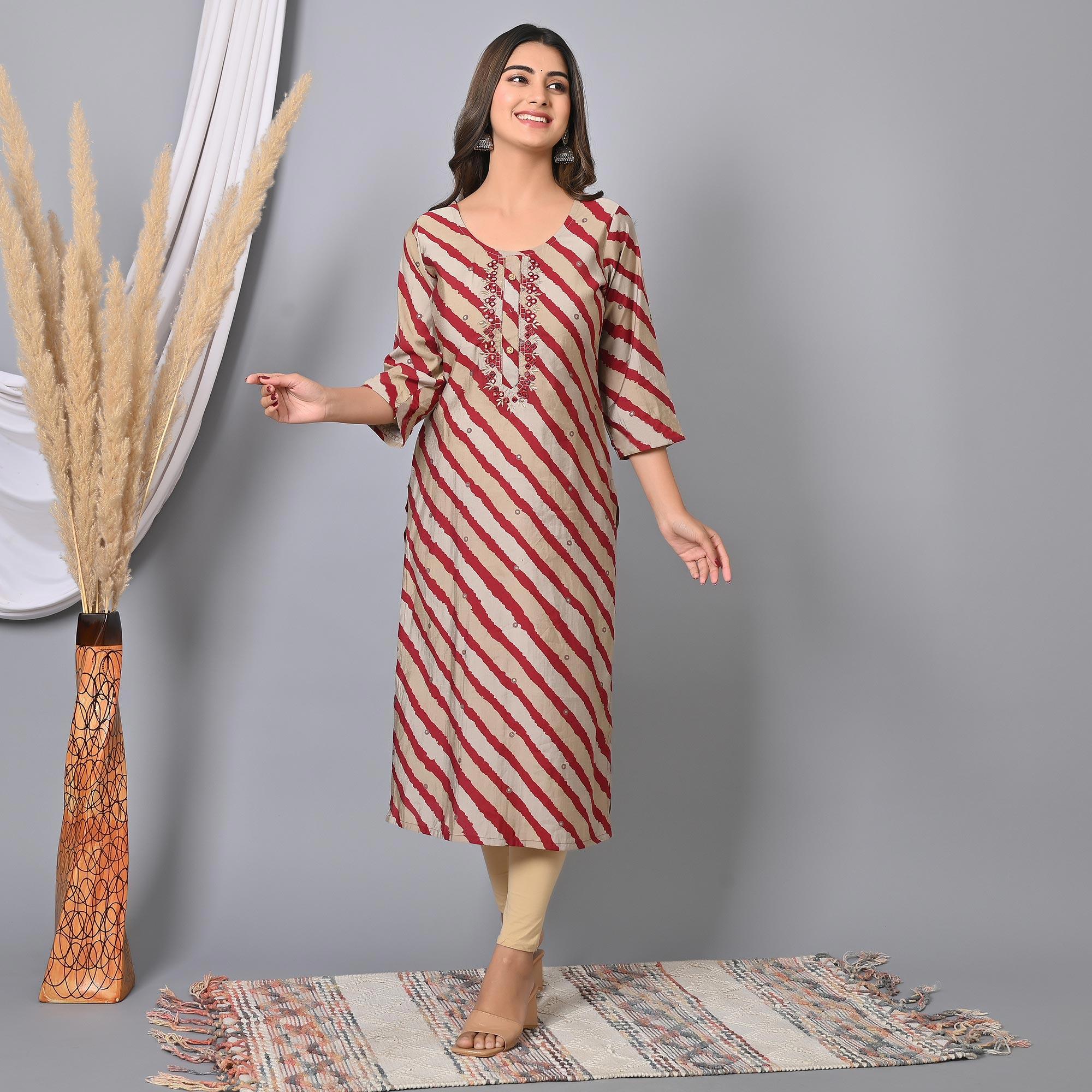 Maroon Striped Printed-Embroidered Muslin Kurti - Peachmode
