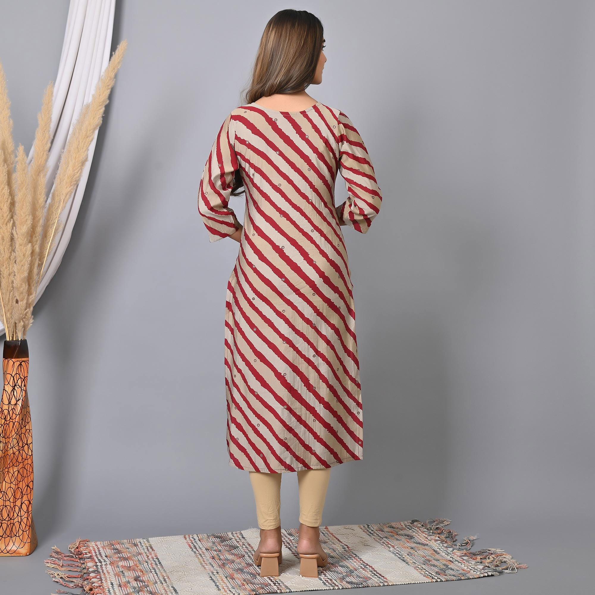 Maroon Striped Printed-Embroidered Muslin Kurti - Peachmode
