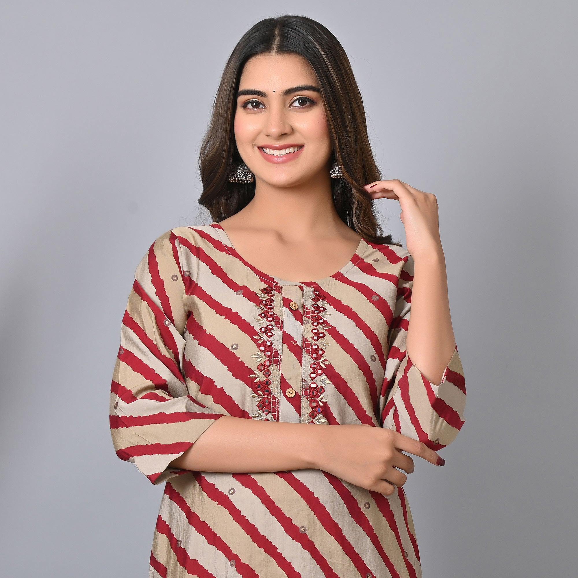 Maroon Striped Printed-Embroidered Muslin Kurti - Peachmode