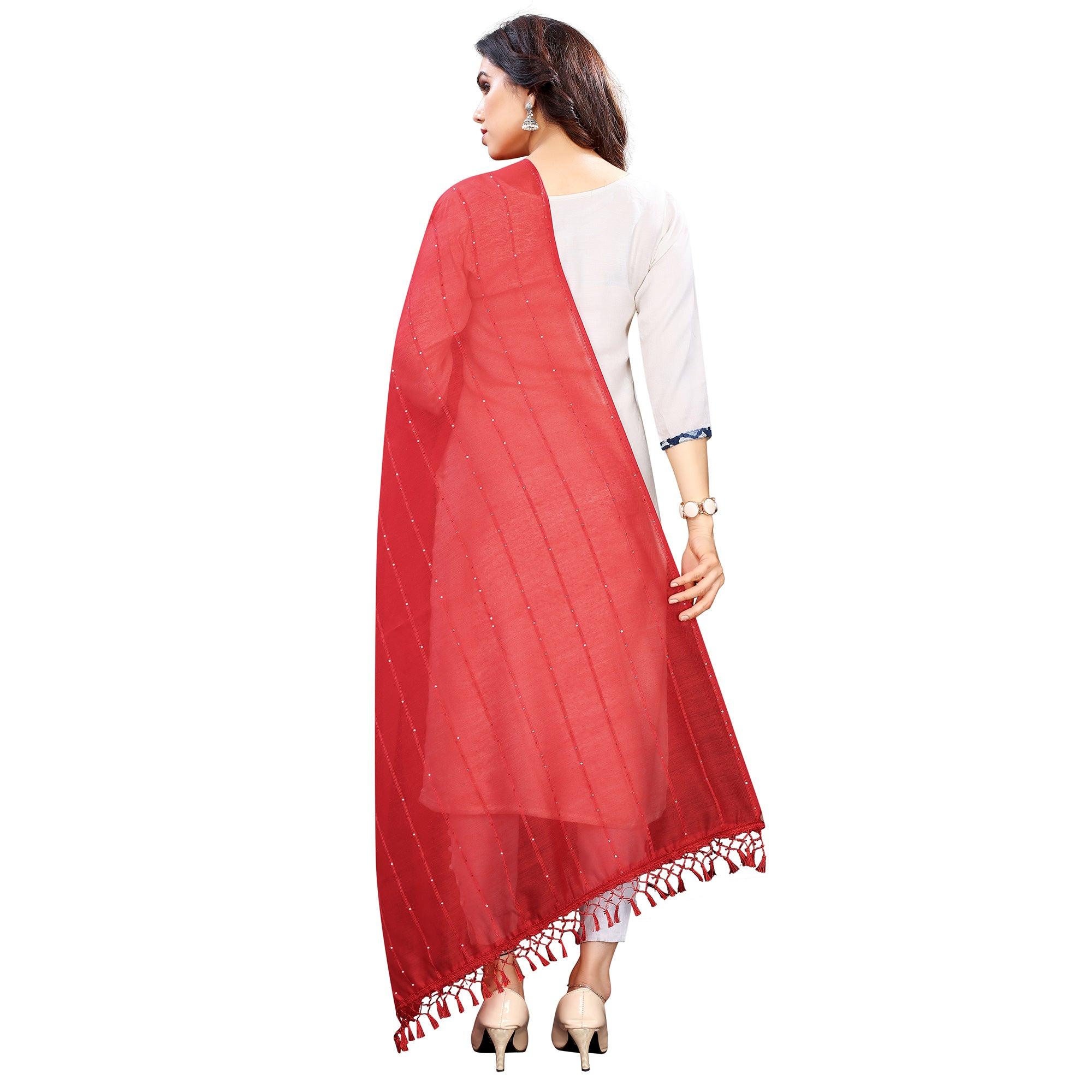 Maroon Stripes Woven Sequence Festive Wear Cotton Silk Dupatta - Peachmode