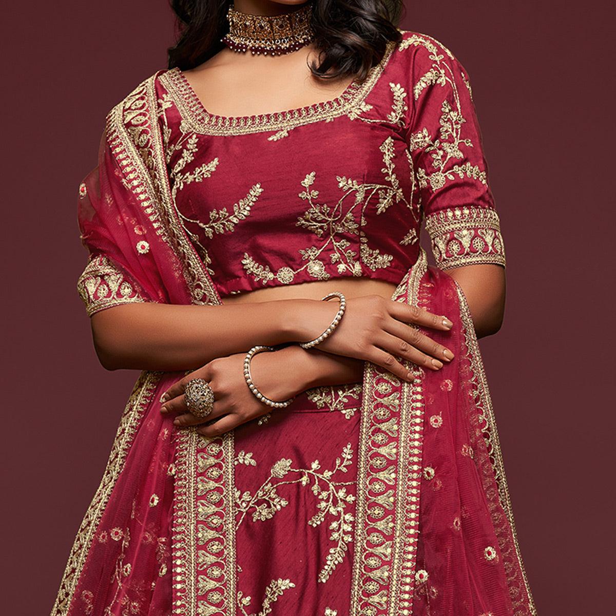 Maroon Wedding Floral Sequins Embroidered Art Silk Lehenga Choli - Peachmode