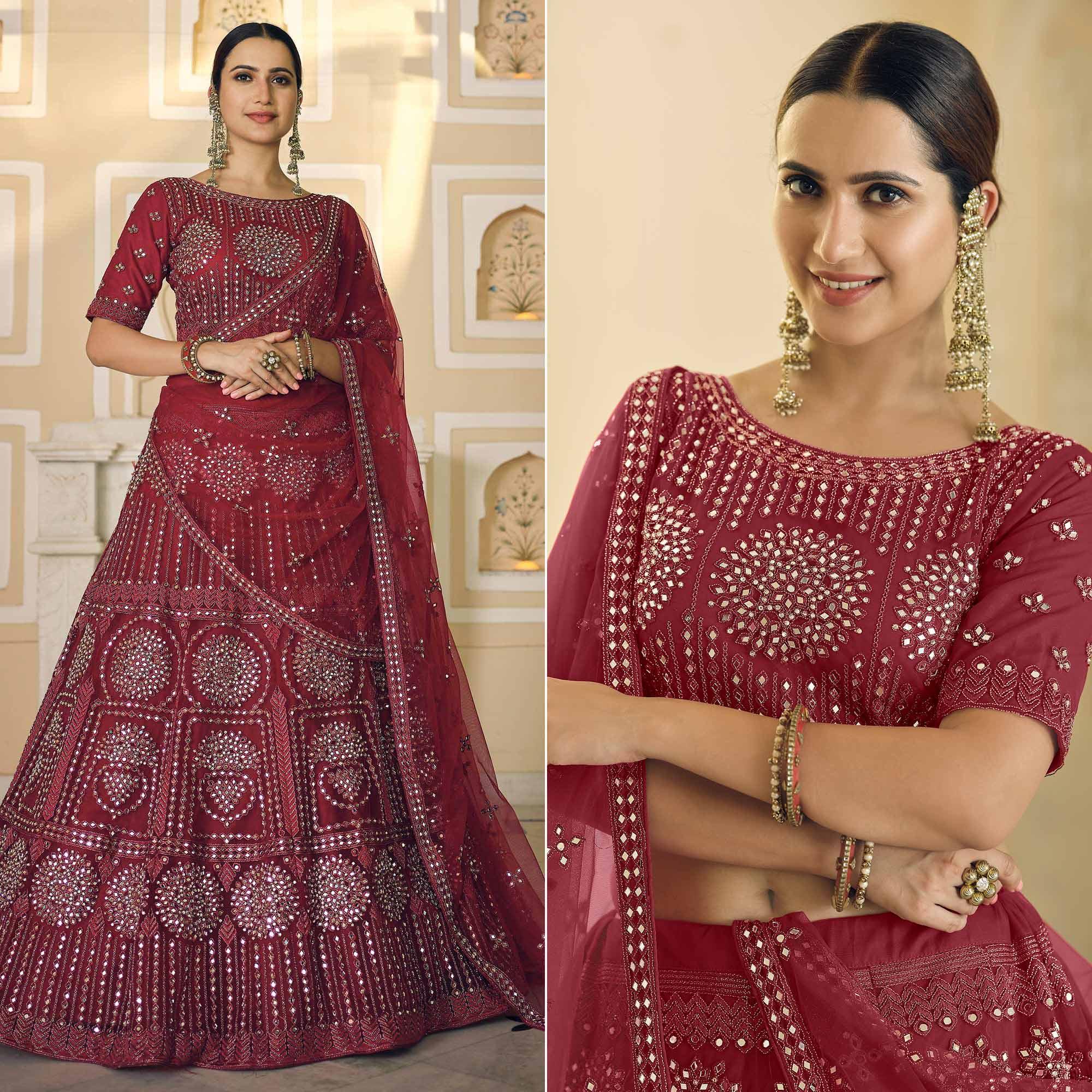 Maroon Wedding Wear Embellished Netted Lehenga Choli - Peachmode