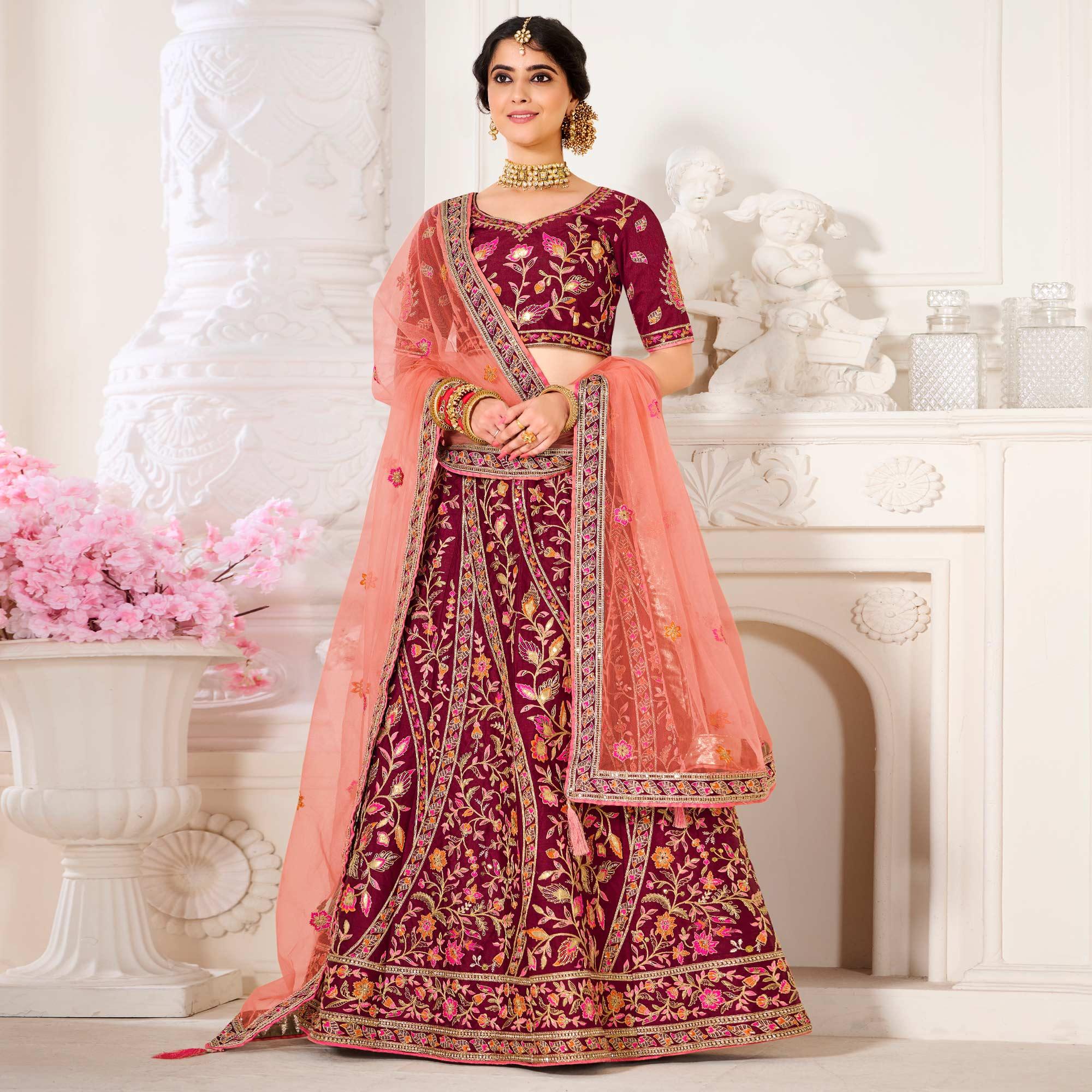 Maroon Wedding Wear Embroidered Silk Lehenga Choli - Peachmode