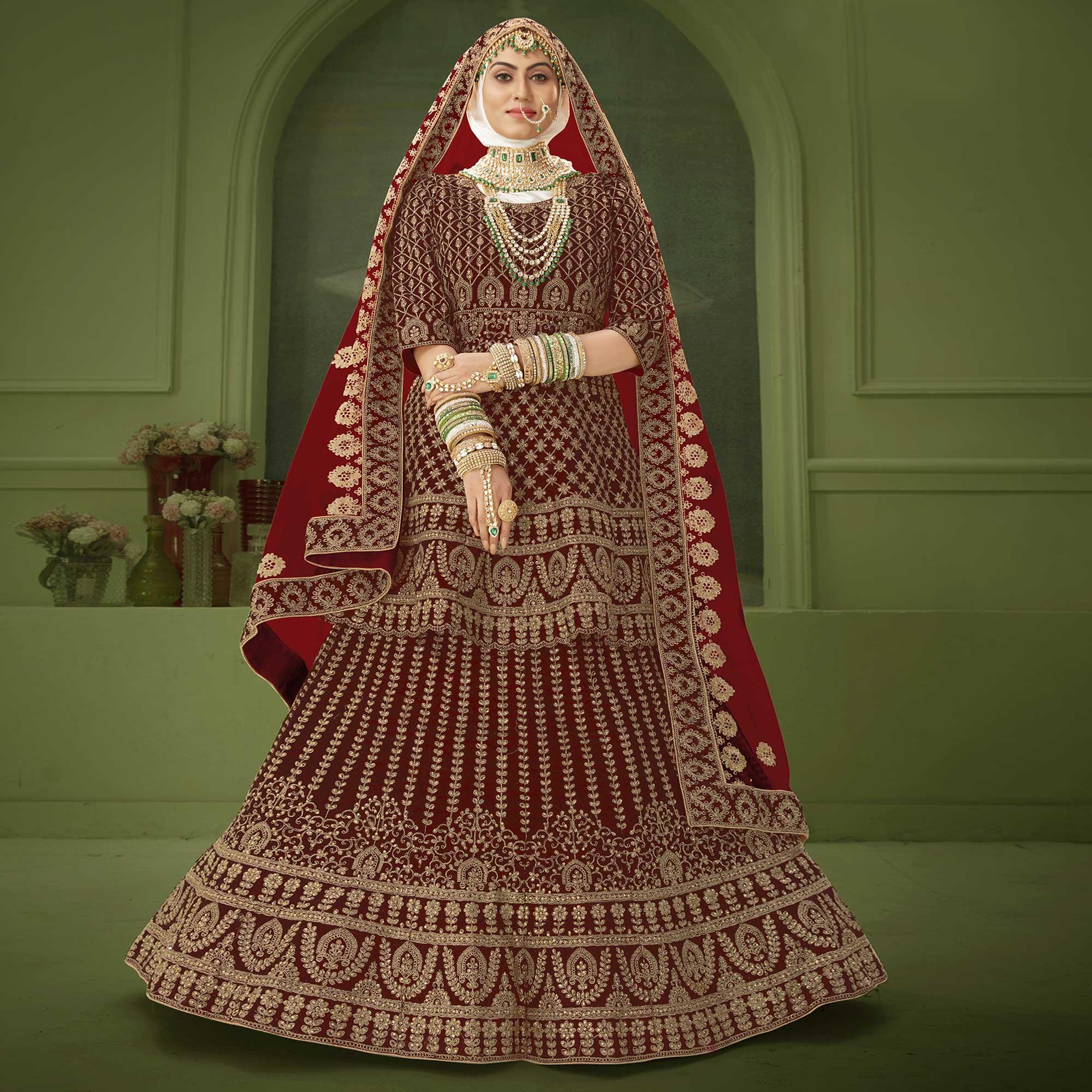 Maroon Wedding Wear Floral Coding Embroidery With Stone Velvet Lehenga Choli - Peachmode