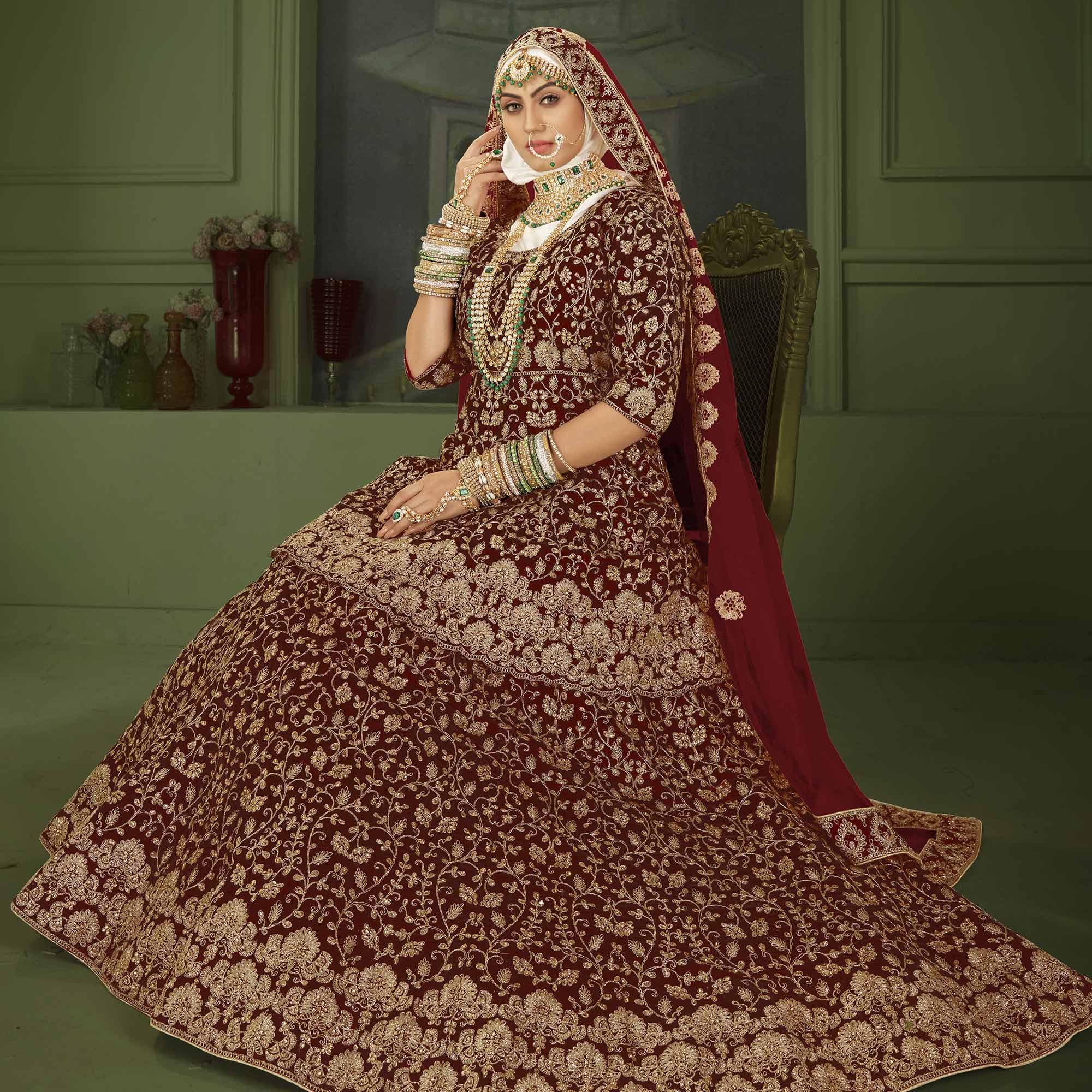 Maroon Wedding Wear Floral Coding Embroidery With Stone Velvet Lehenga Choli - Peachmode