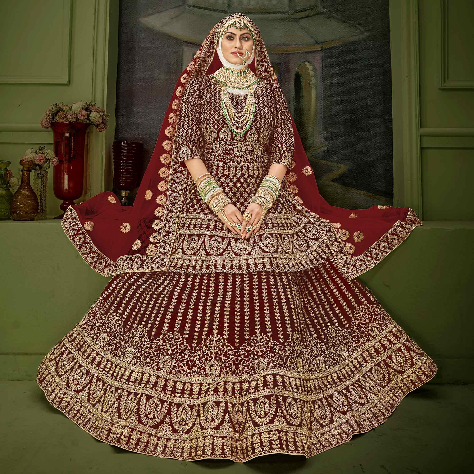 Maroon Wedding Wear Floral Coding Embroidery With Stone Velvet Lehenga Choli - Peachmode